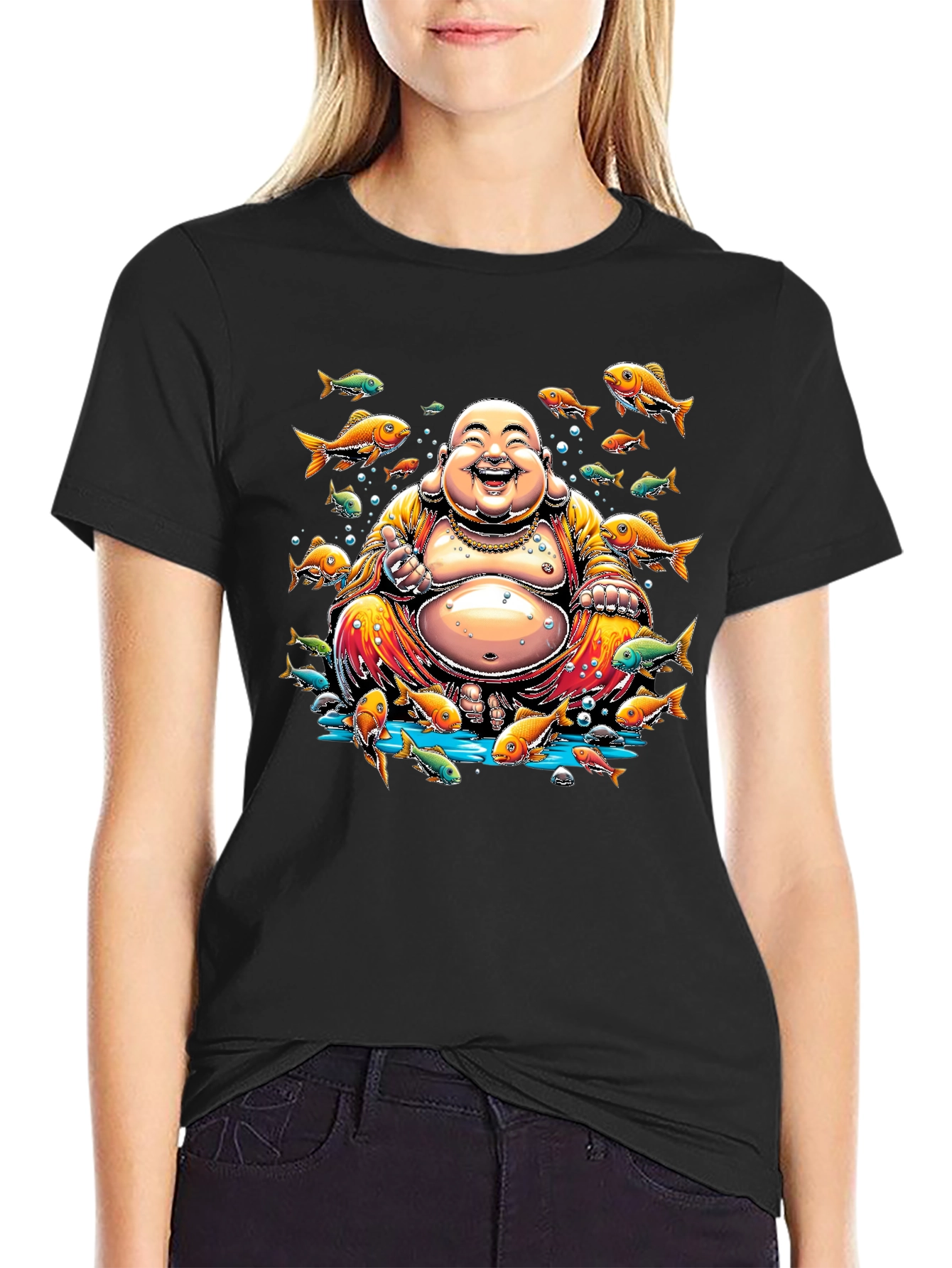 Laughing Buddha Fish Graphic Black T-Shirt