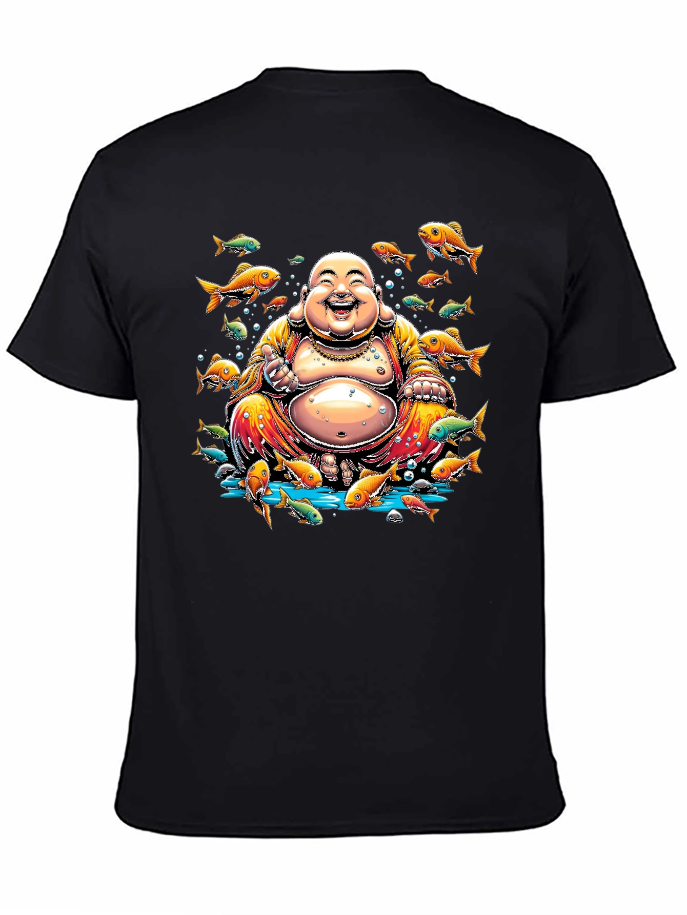 Laughing Buddha Fish Graphic Black T-Shirt