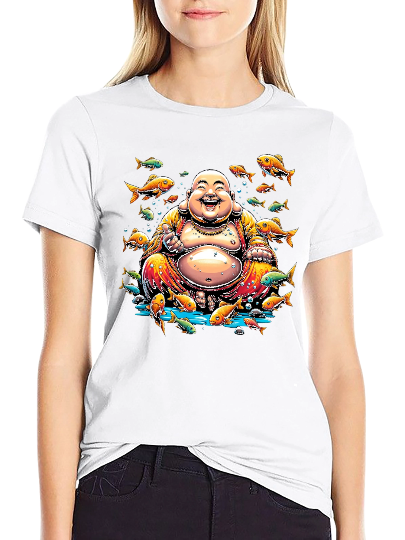 Laughing Buddha Fish Graphic Black T-Shirt