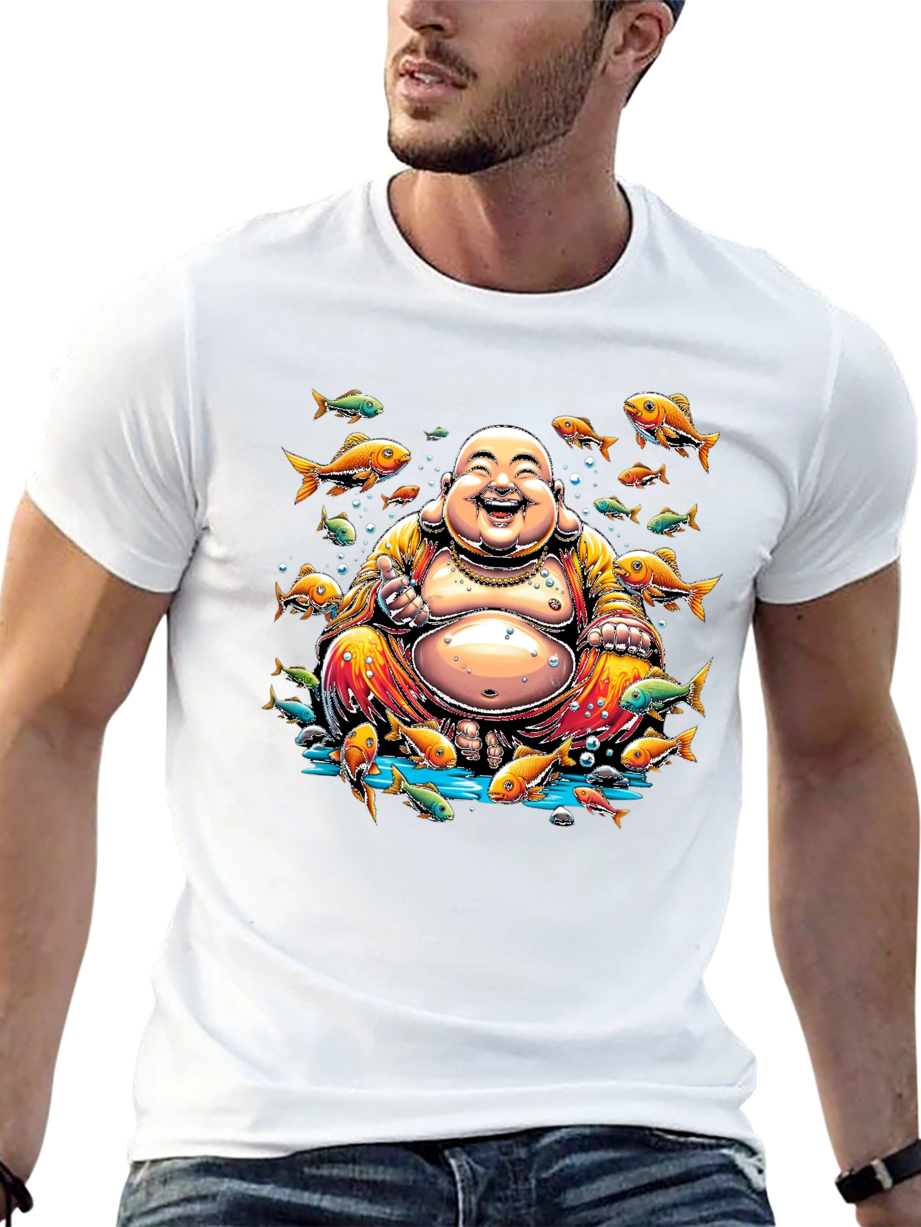 Laughing Buddha Fish Graphic Black T-Shirt