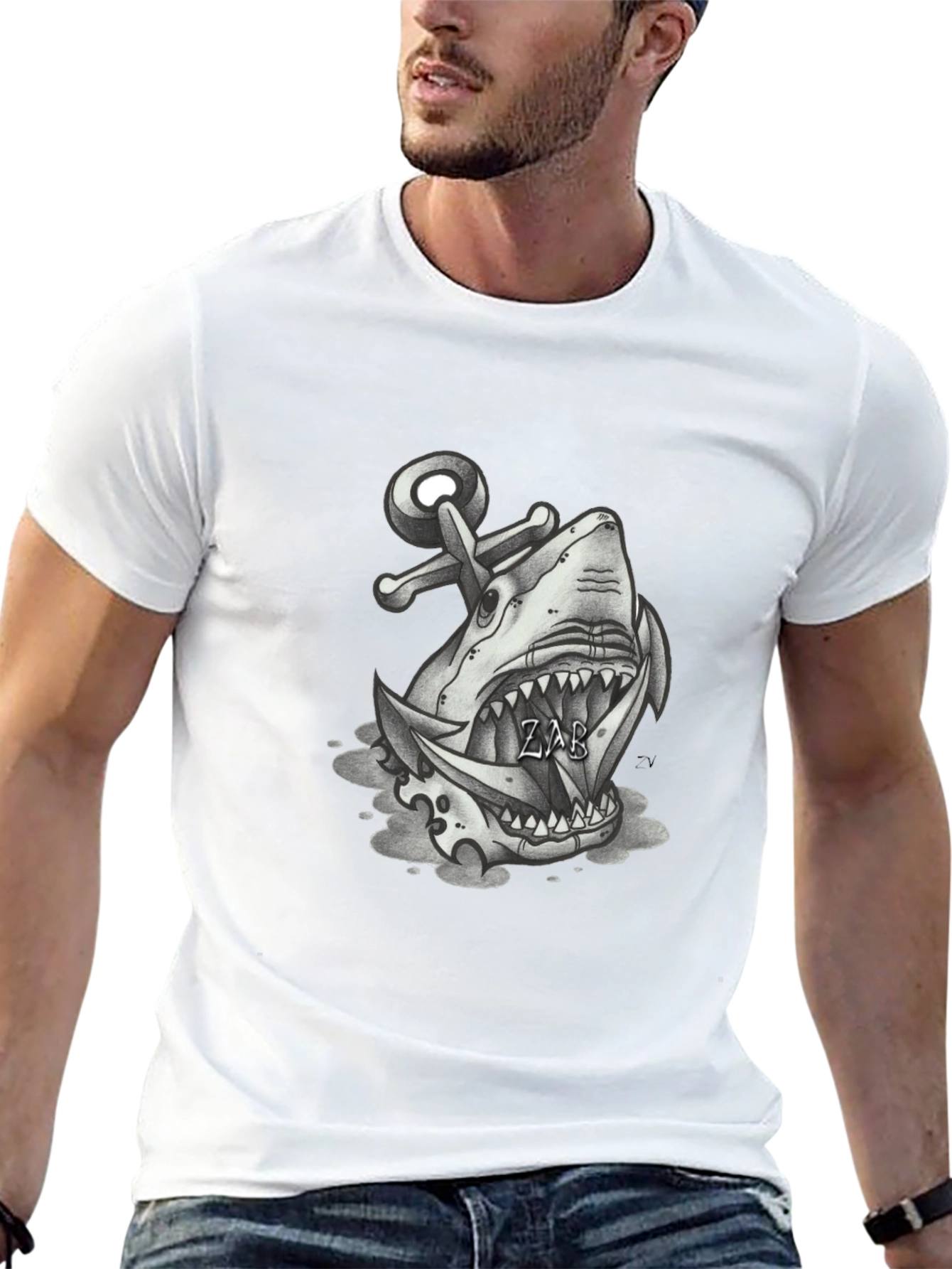 Shark Anchor Graphic Tee - Black Cotton T-Shirt