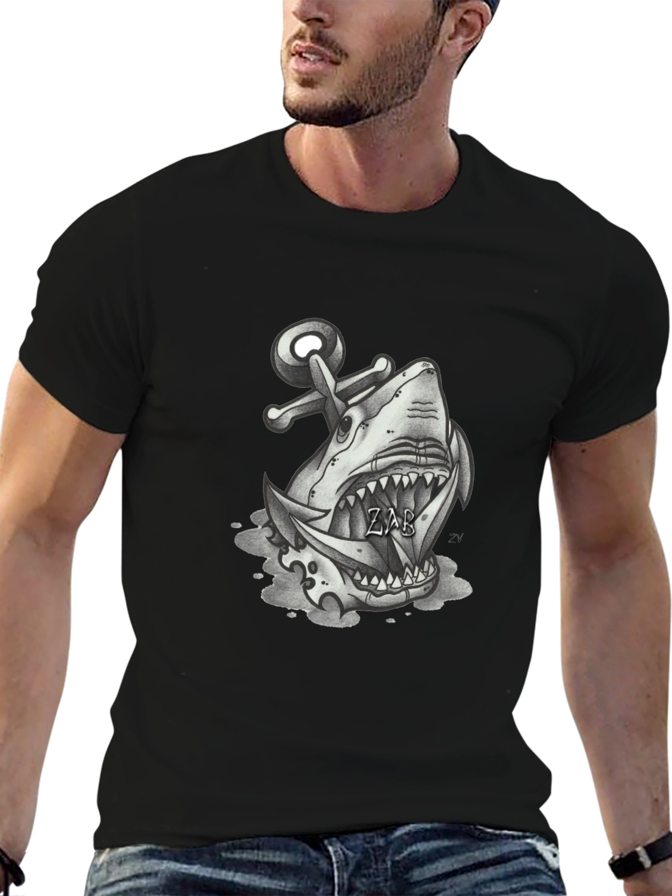 Shark Anchor Graphic Tee - Black Cotton T-Shirt