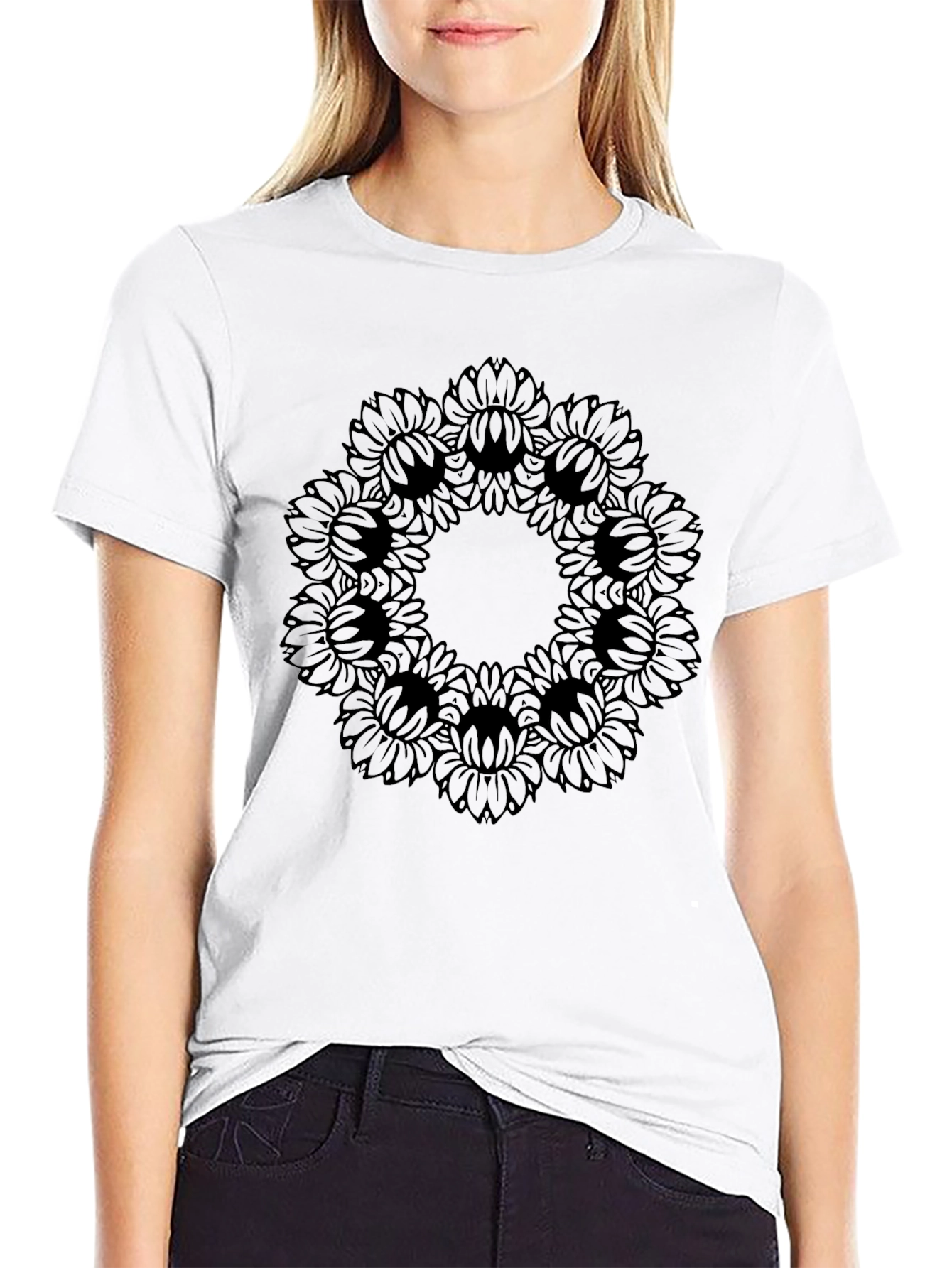 Black Sunflower Mandala Graphic T-Shirt
