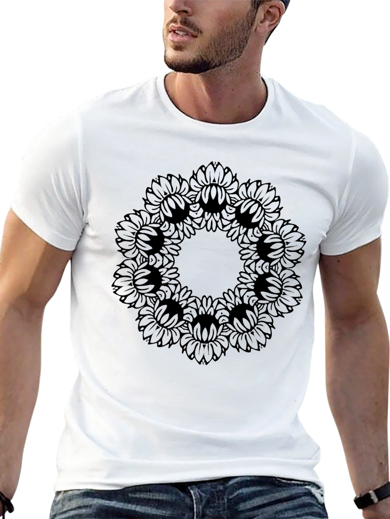 Black Sunflower Mandala Graphic T-Shirt