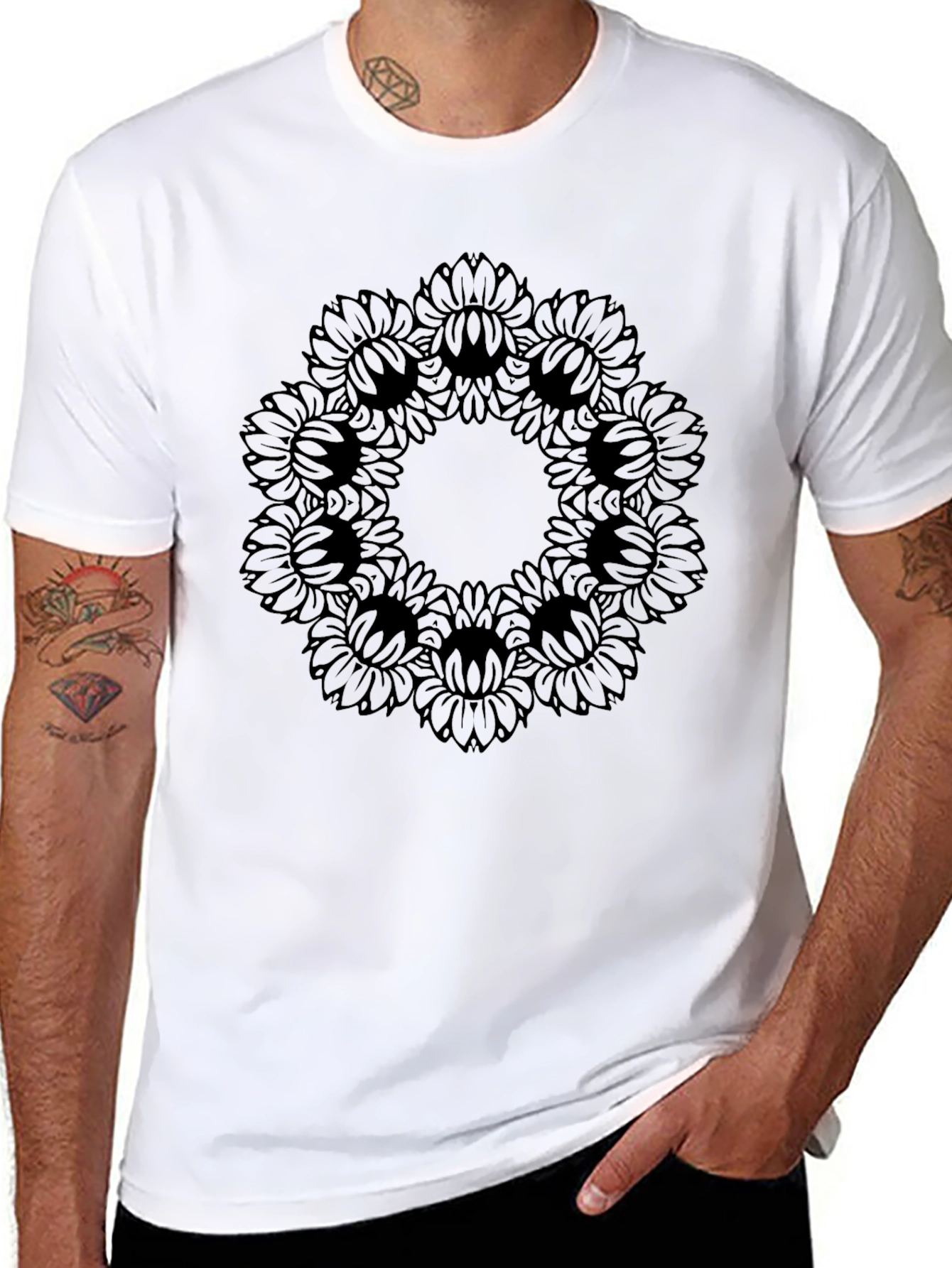 Black Sunflower Mandala Graphic T-Shirt