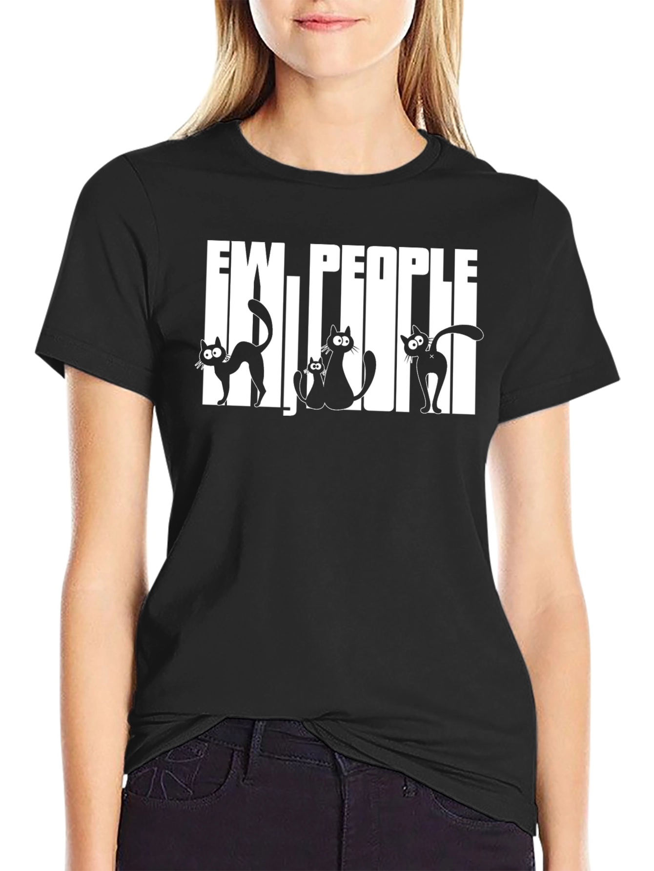 Ew People Cats Graphic T-Shirt - Black