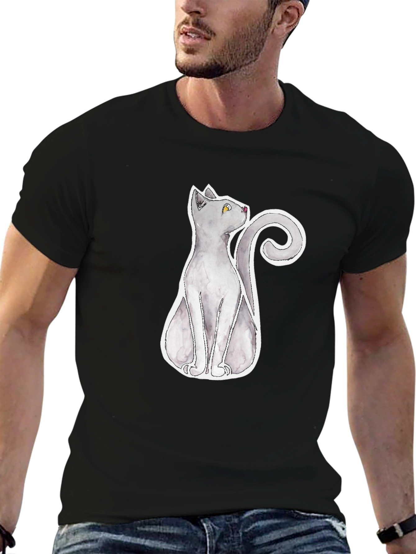Grey Cat Graphic Tee - Mens Black T-Shirt