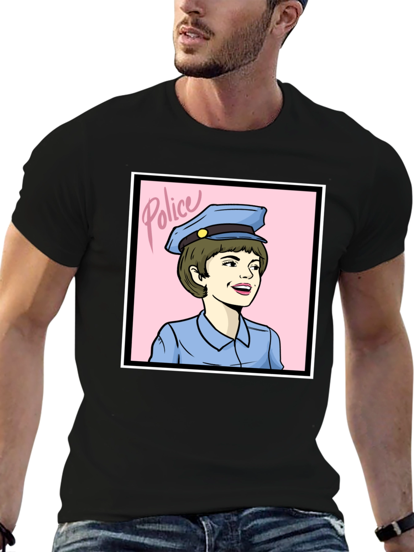 Retro Police Woman Graphic Tee - Black