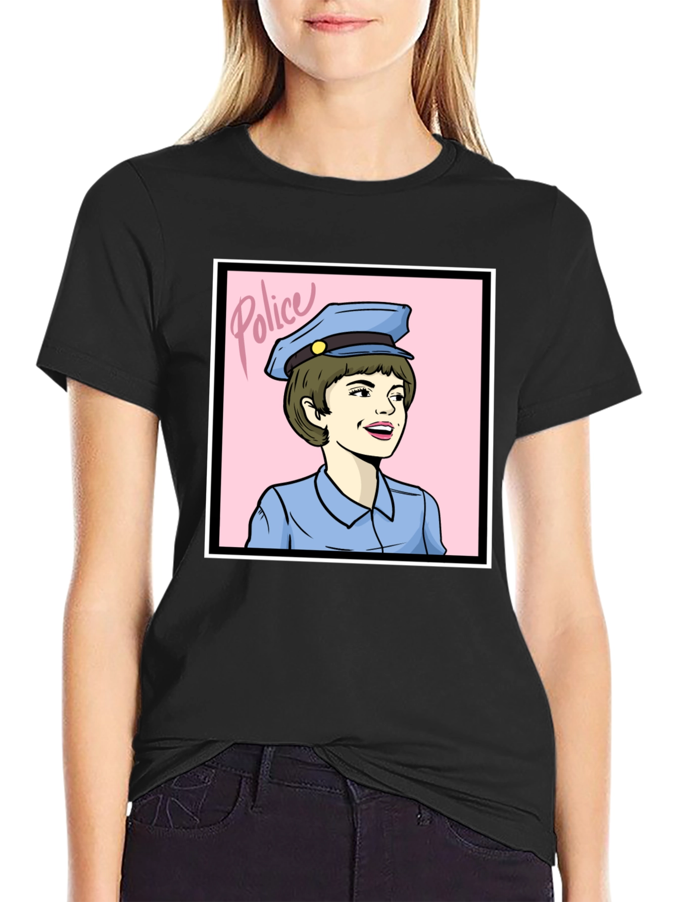 Retro Police Woman Graphic Tee - Black