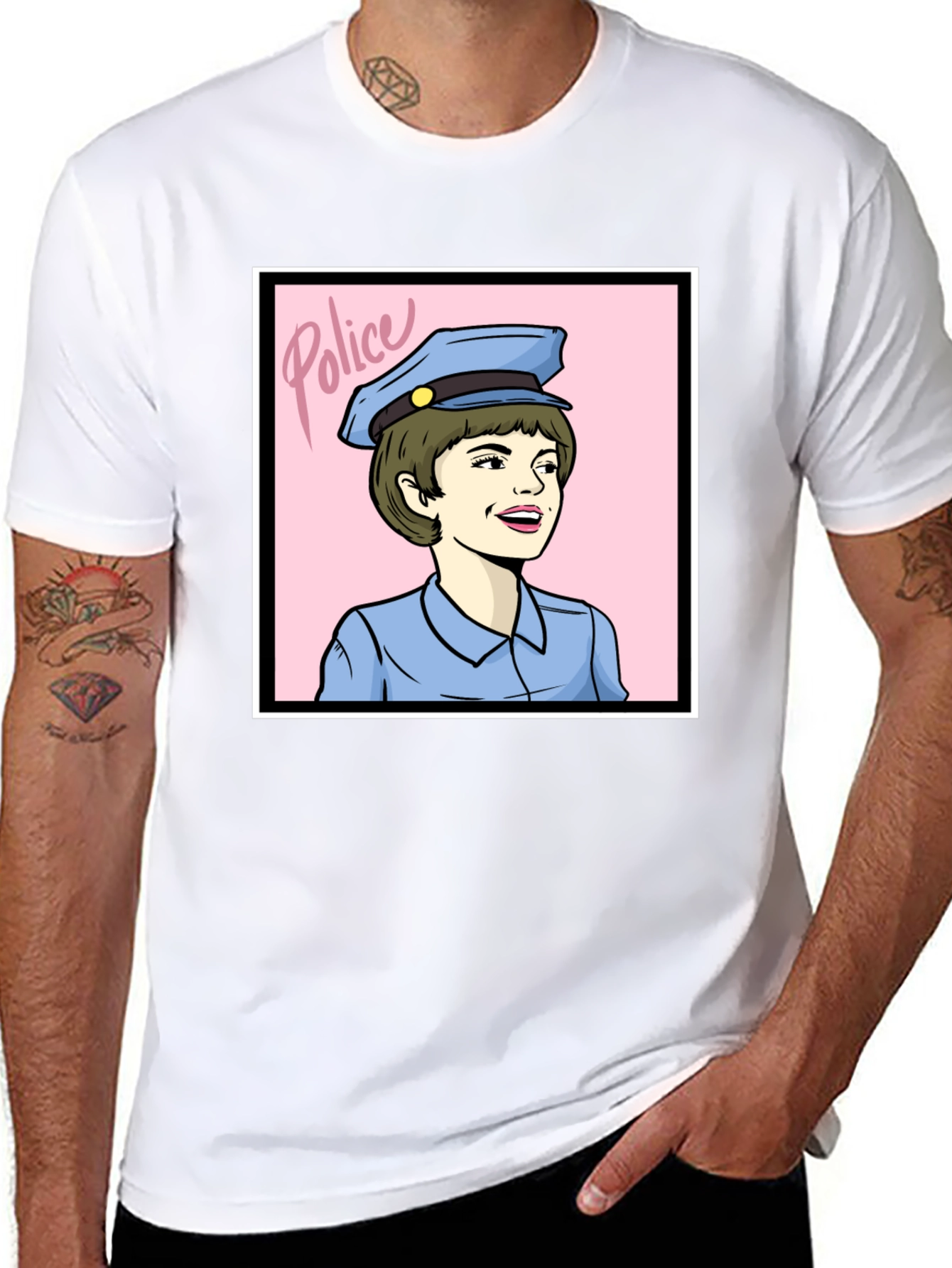 Retro Police Woman Graphic Tee - Black