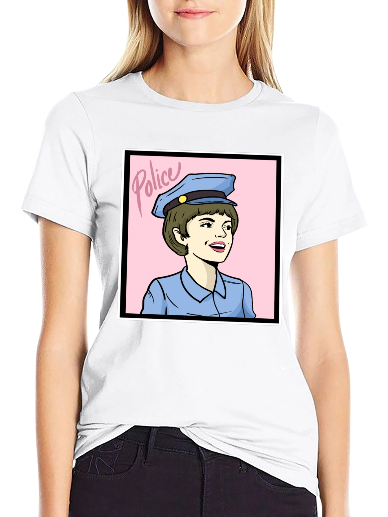 Retro Police Woman Graphic Tee - Black