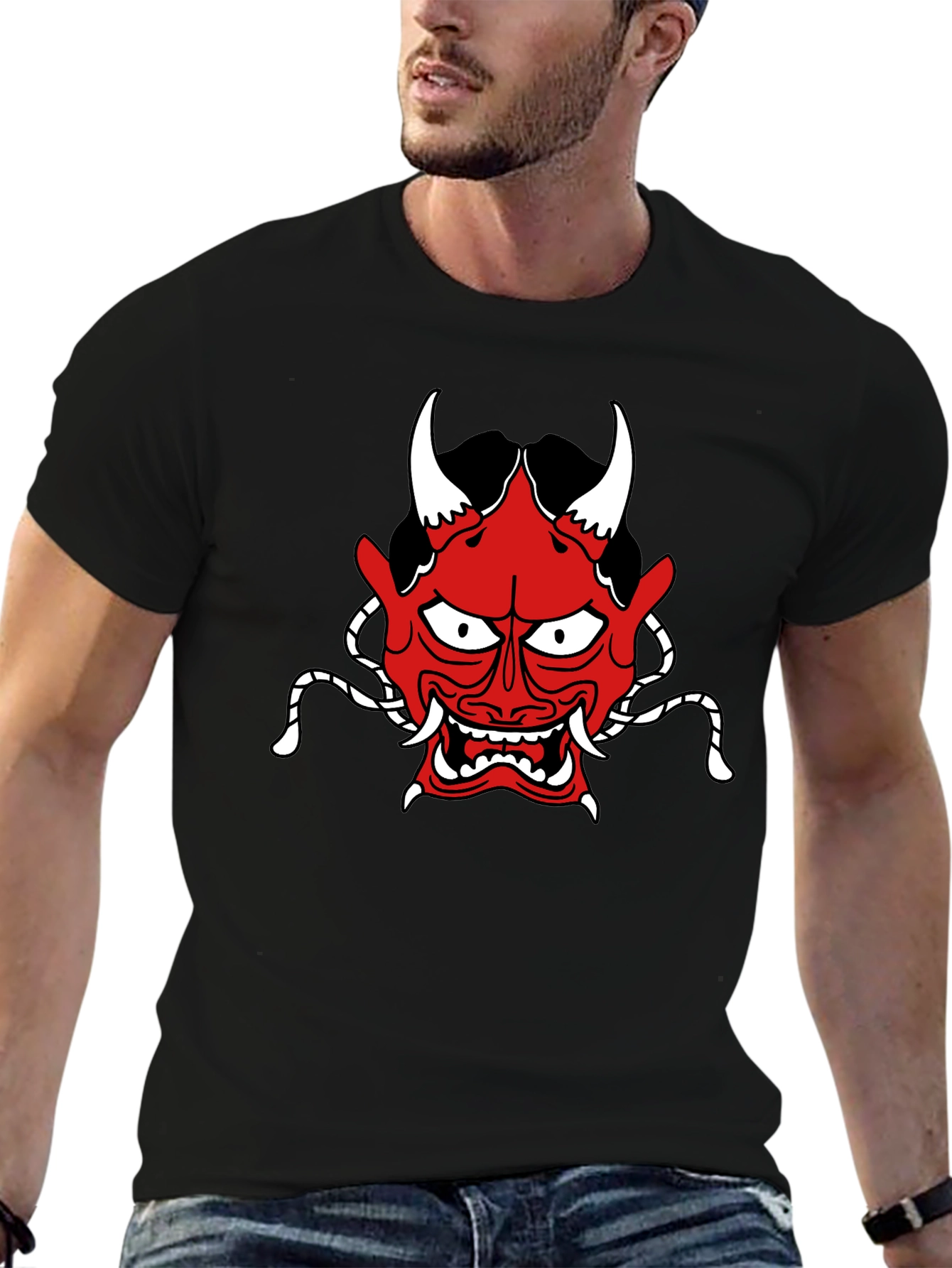 Oni Mask Graphic Tee - Stylish Japanese Demon Design