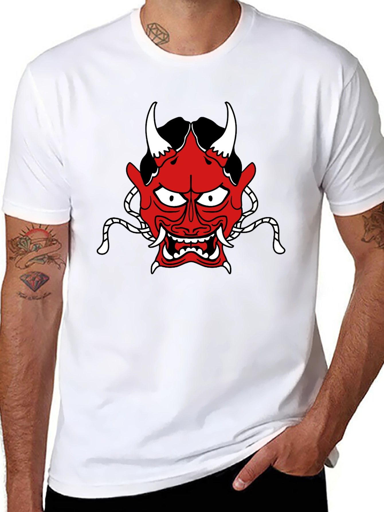 Oni Mask Graphic Tee - Stylish Japanese Demon Design