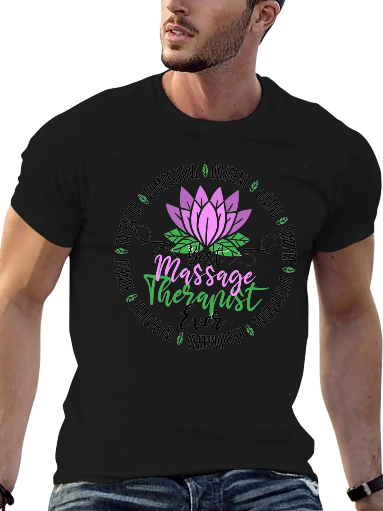 Massage Therapist Ever T-Shirt - Lotus Design Black Tee