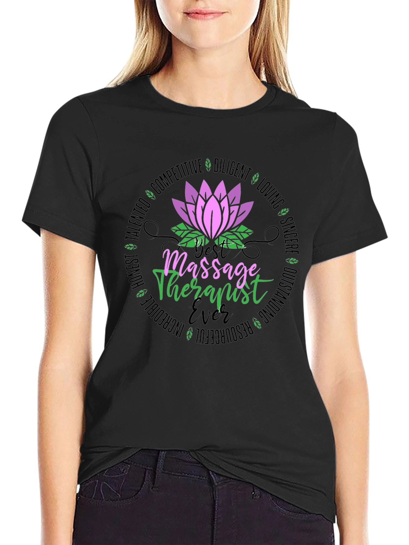 Massage Therapist Ever T-Shirt - Lotus Design Black Tee