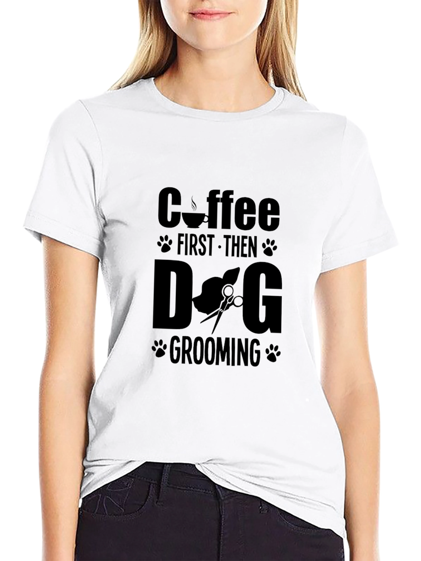 Coffee First Then Dog Grooming Black T-Shirt