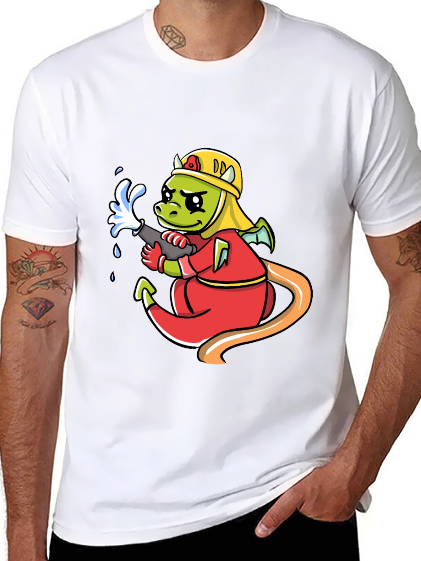 Cartoon Dragon Firefighter Graphic T-Shirt