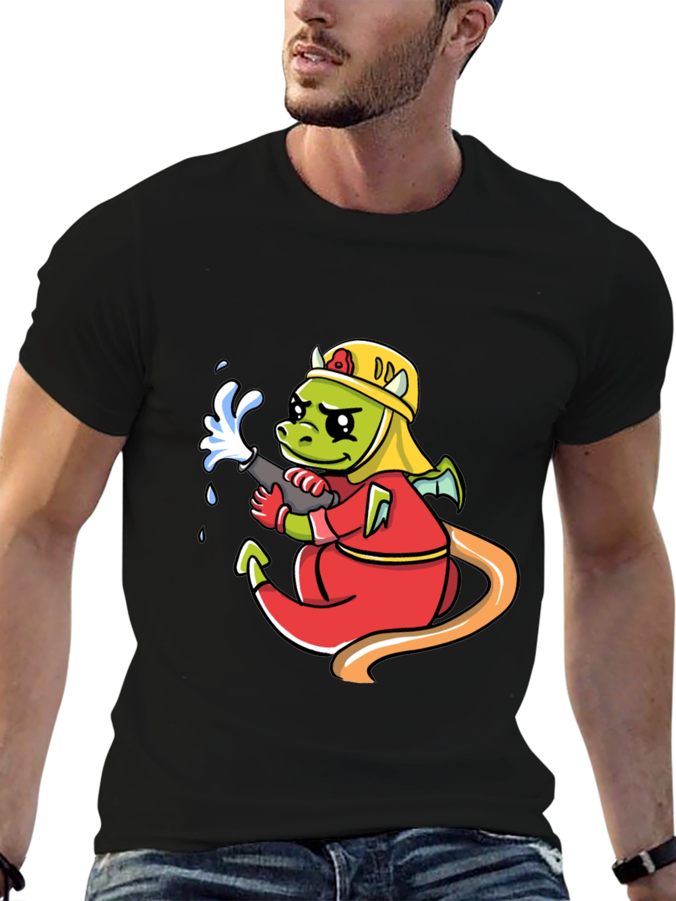 Cartoon Dragon Firefighter Graphic T-Shirt