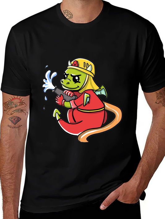 Cartoon Dragon Firefighter Graphic T-Shirt