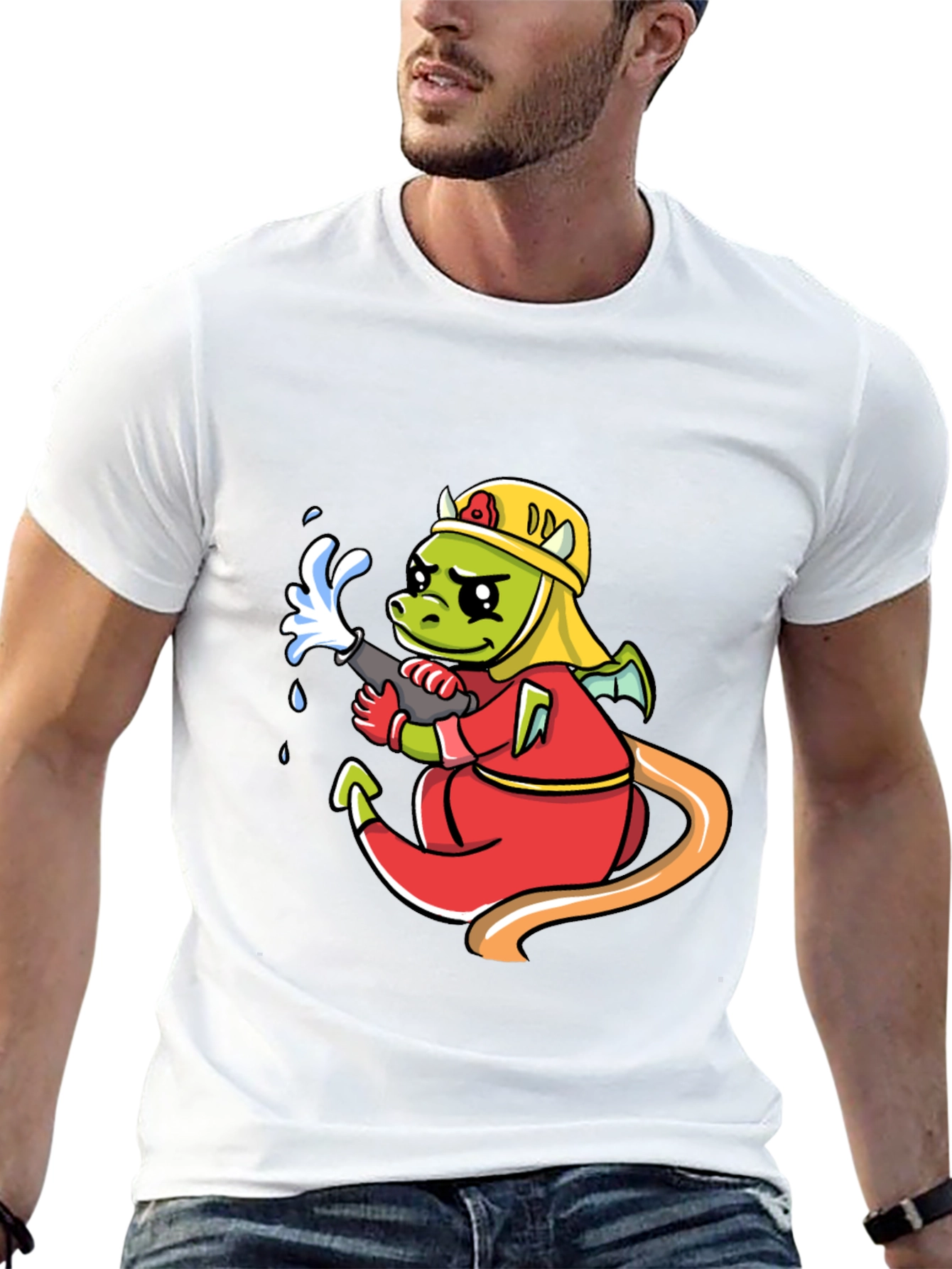 Cartoon Dragon Firefighter Graphic T-Shirt