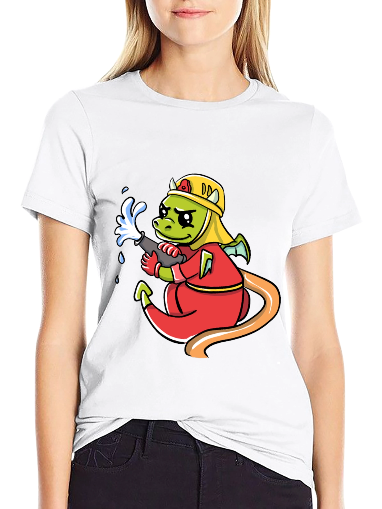 Cartoon Dragon Firefighter Graphic T-Shirt