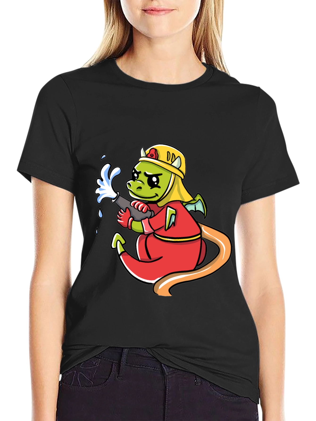 Cartoon Dragon Firefighter Graphic T-Shirt