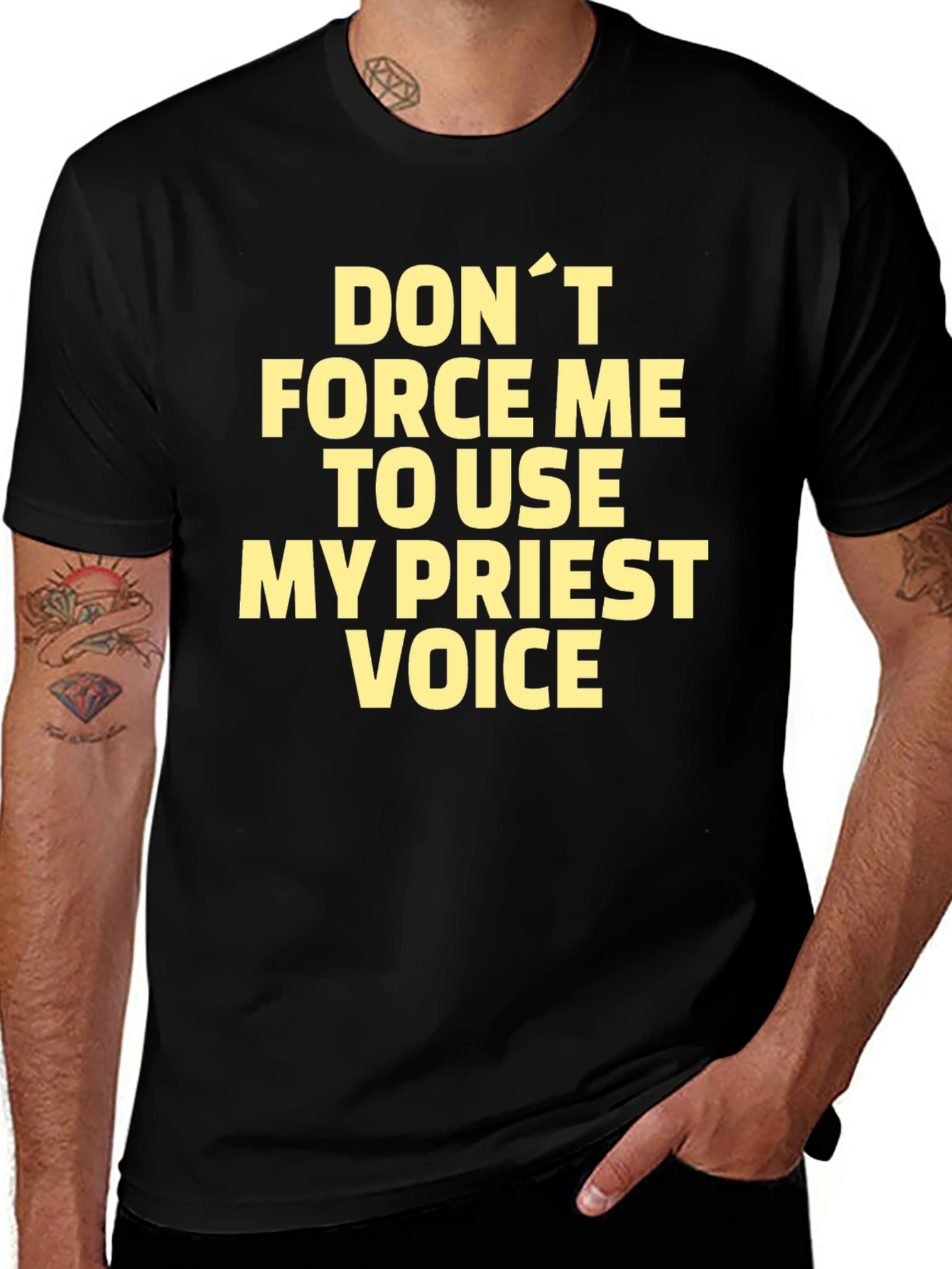 Funny Priest Voice Graphic Tee - Black T-Shirt