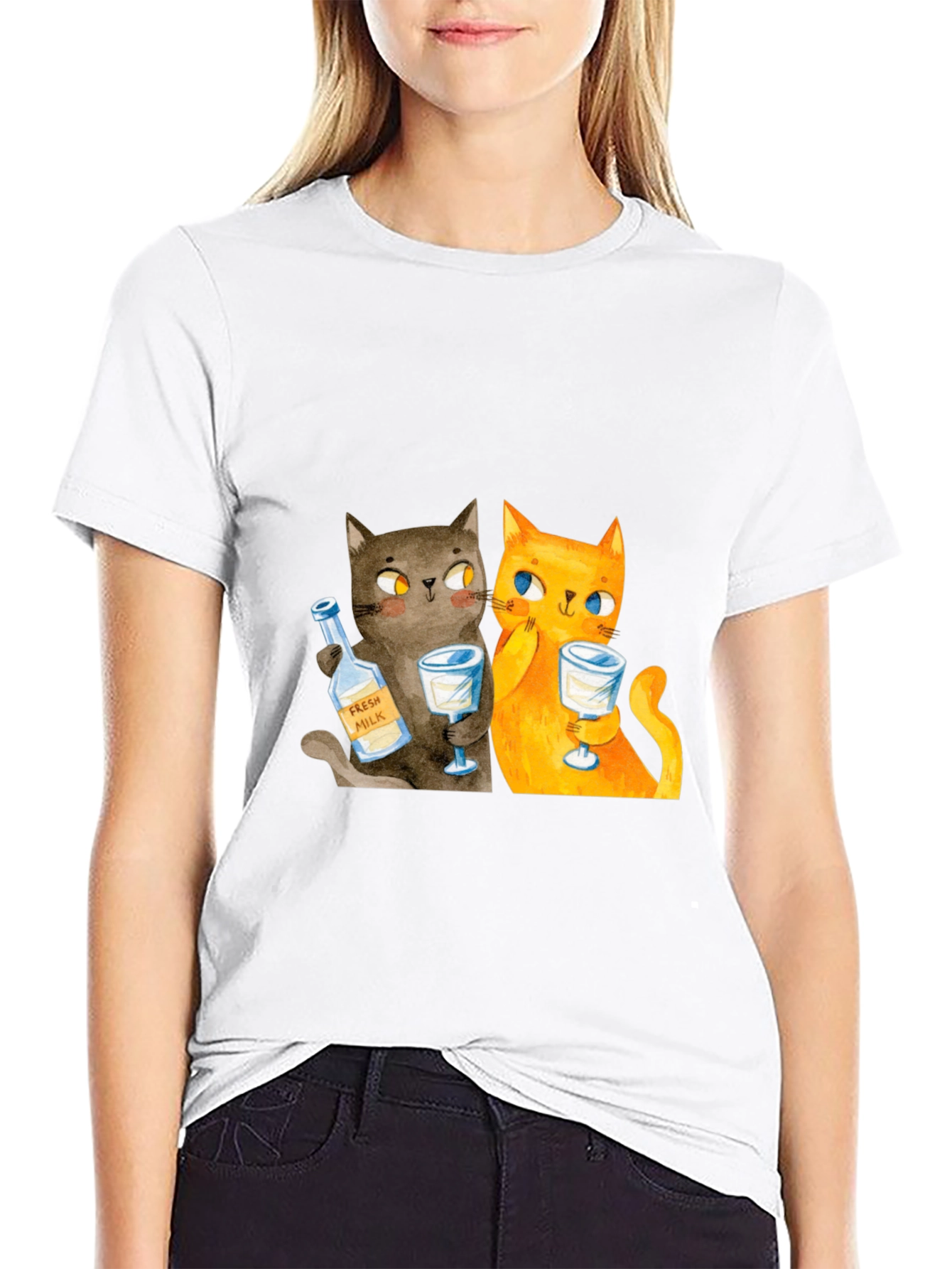 Cat Lover Tee: Cartoon Cats Drinking Milk T-Shirt
