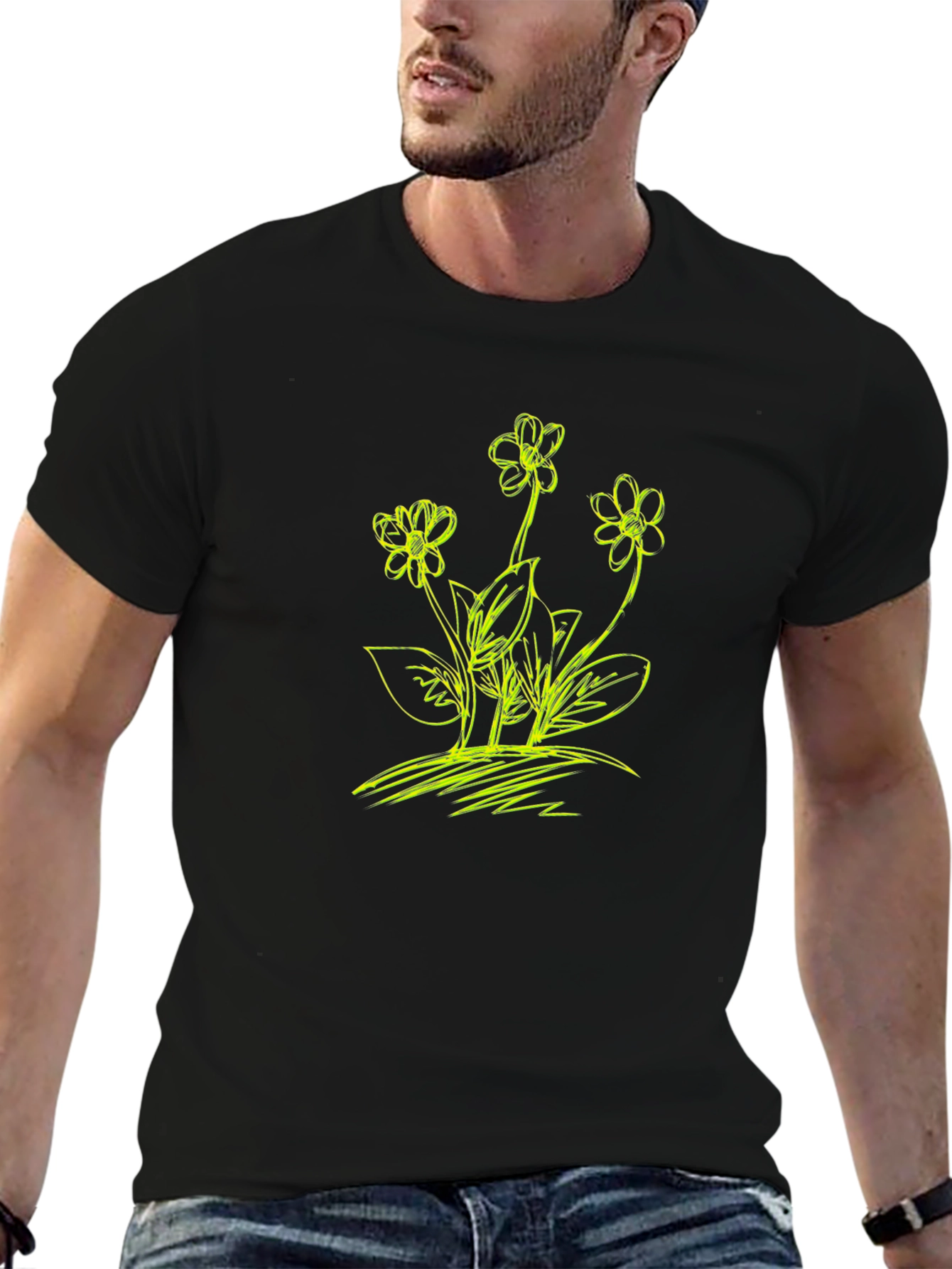 Floral Sketch Graphic T-Shirt - Black
