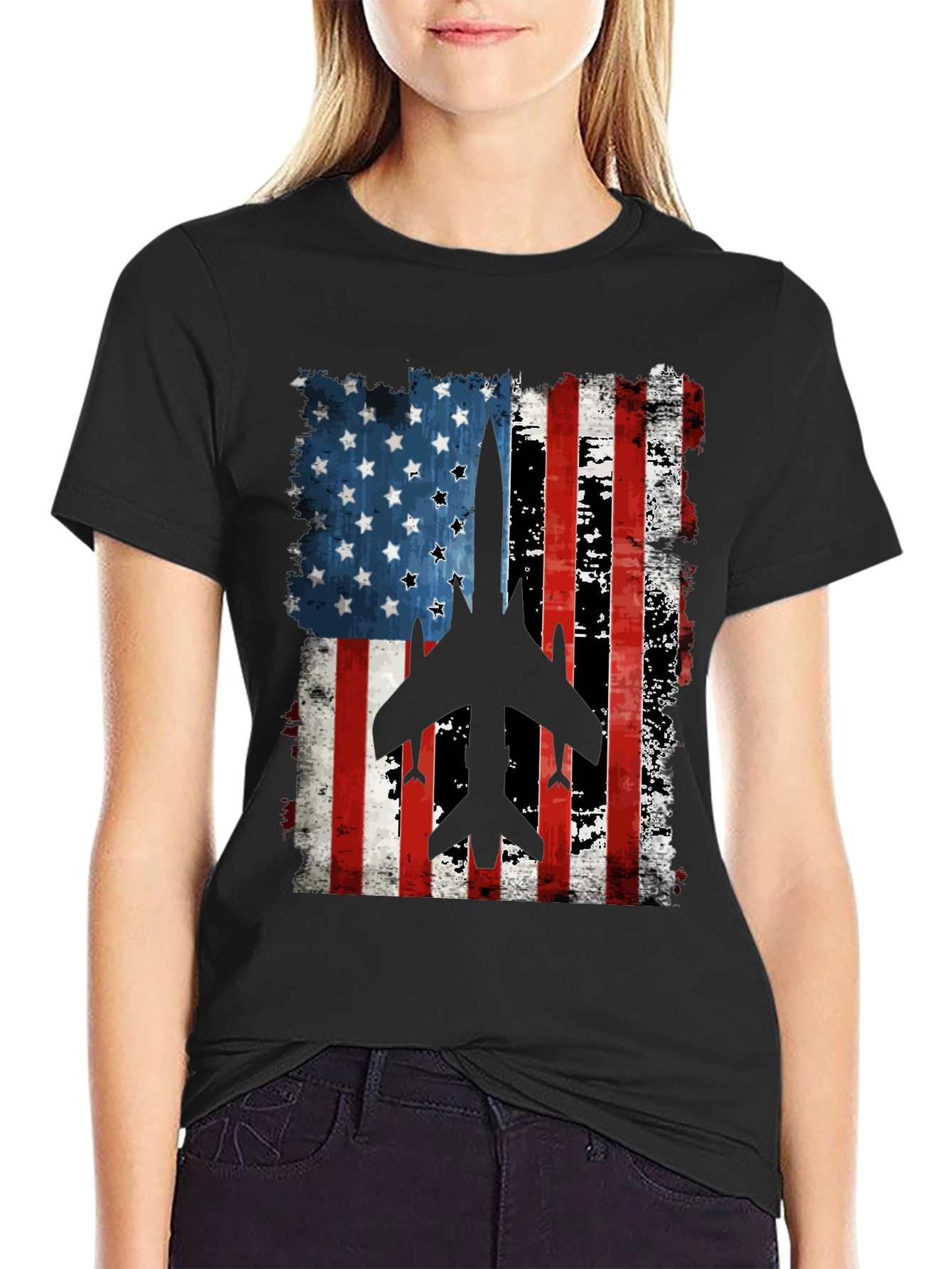 American Flag Fighter Jet Graphic T-Shirt