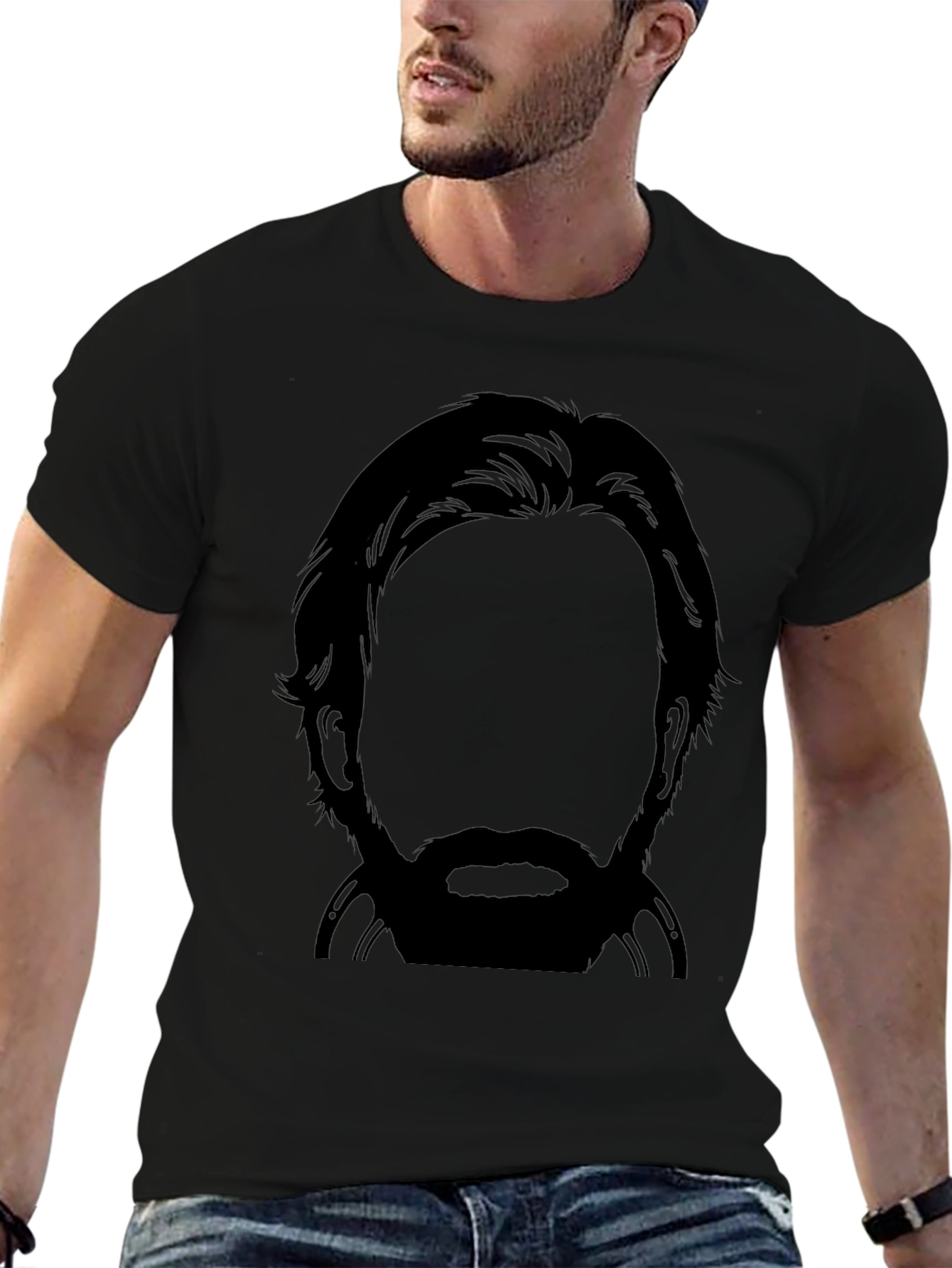 Bearded Silhouette Graphic Tee - Black Crew Neck T-Shirt