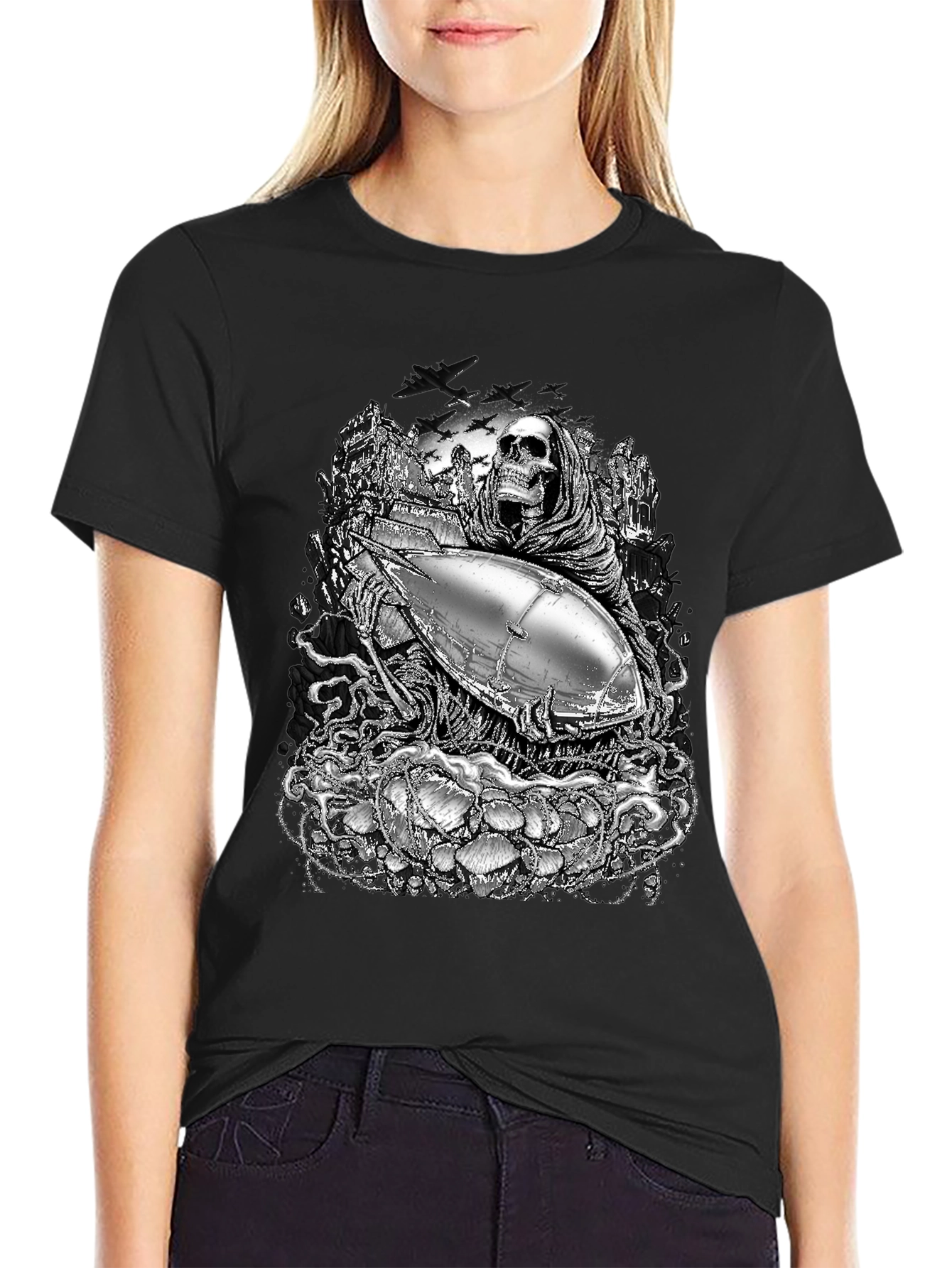 Grim Reaper & Airship Black Graphic T-Shirt