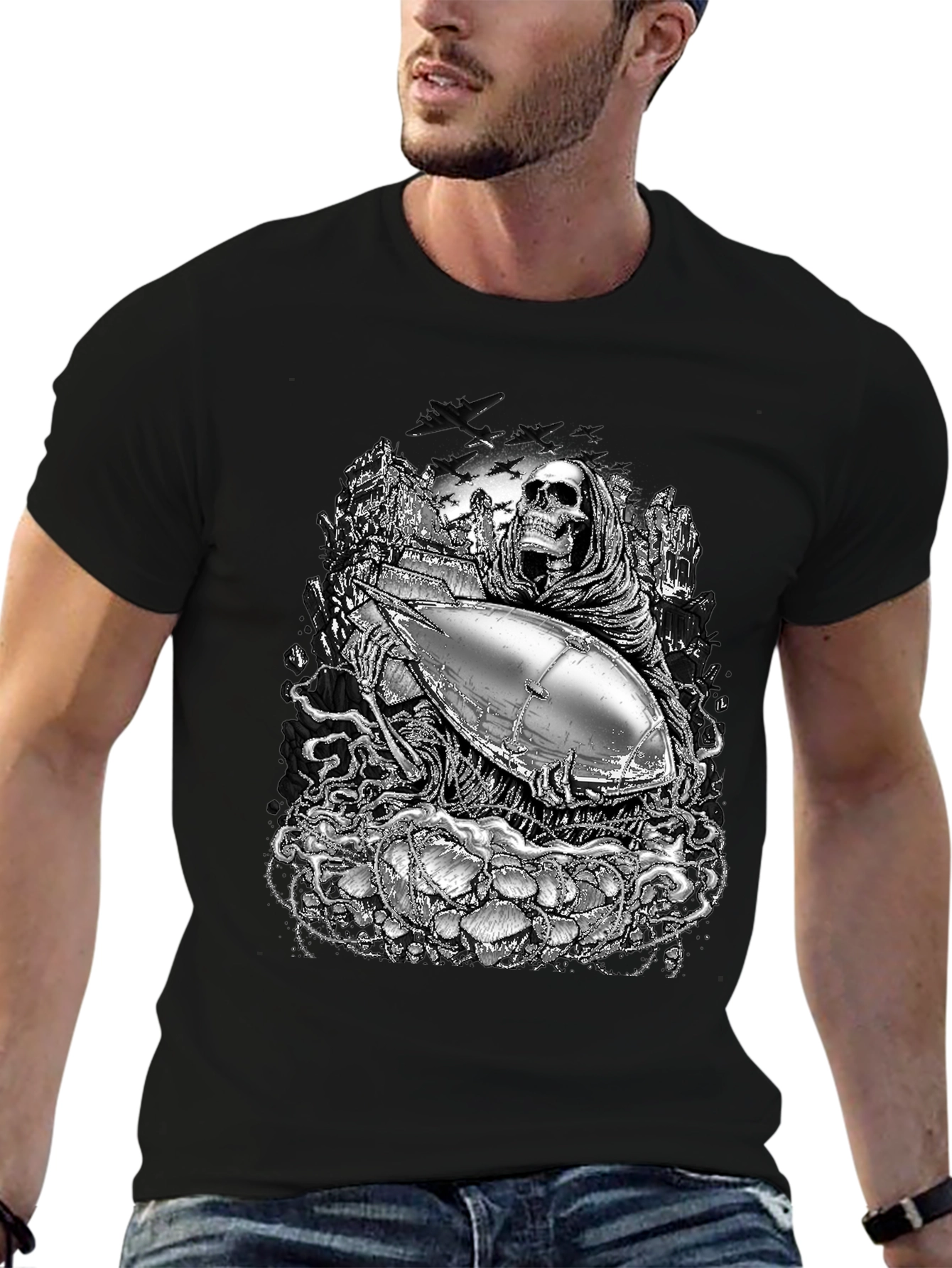 Grim Reaper & Airship Black Graphic T-Shirt