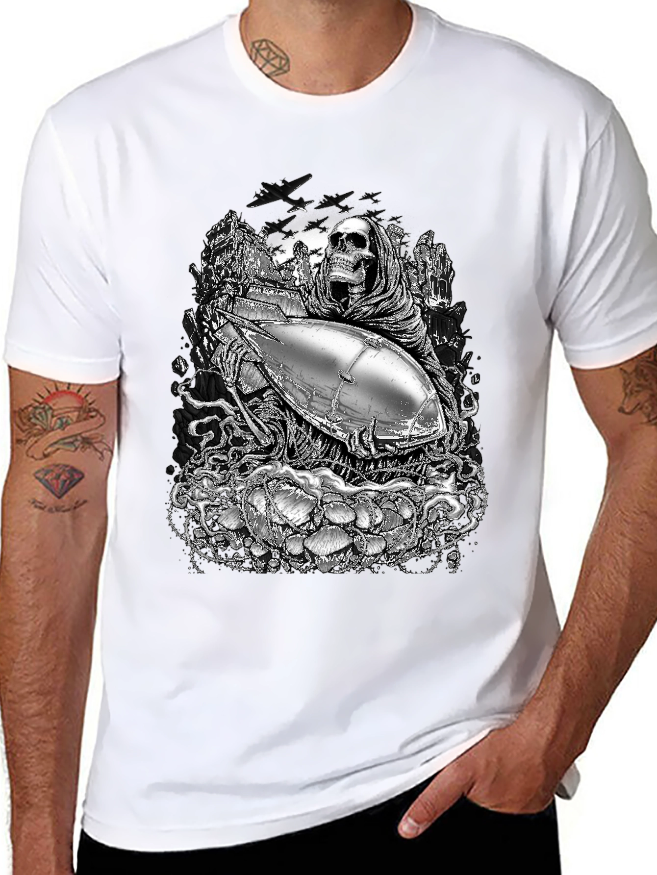 Grim Reaper & Airship Black Graphic T-Shirt