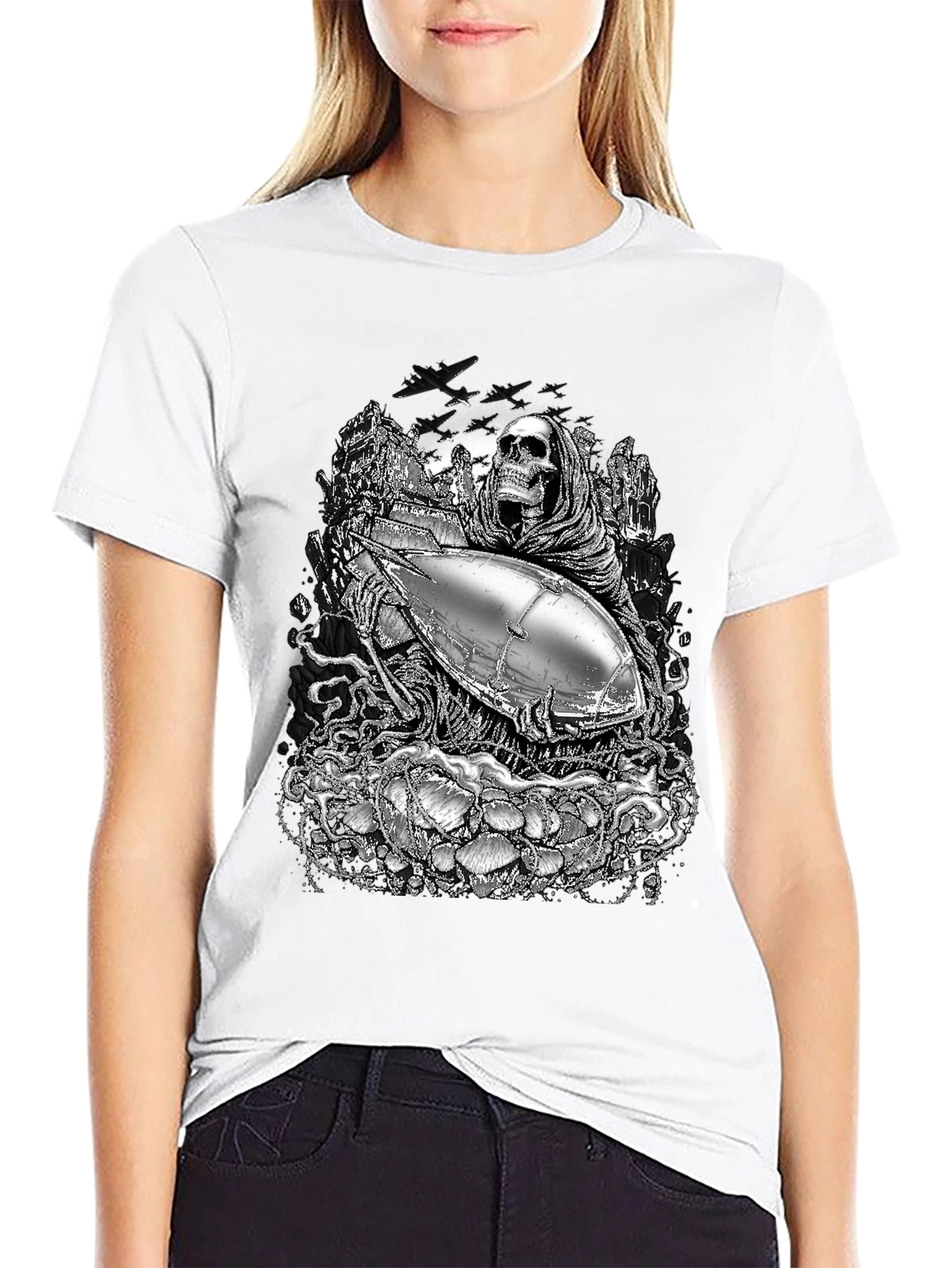 Grim Reaper & Airship Black Graphic T-Shirt