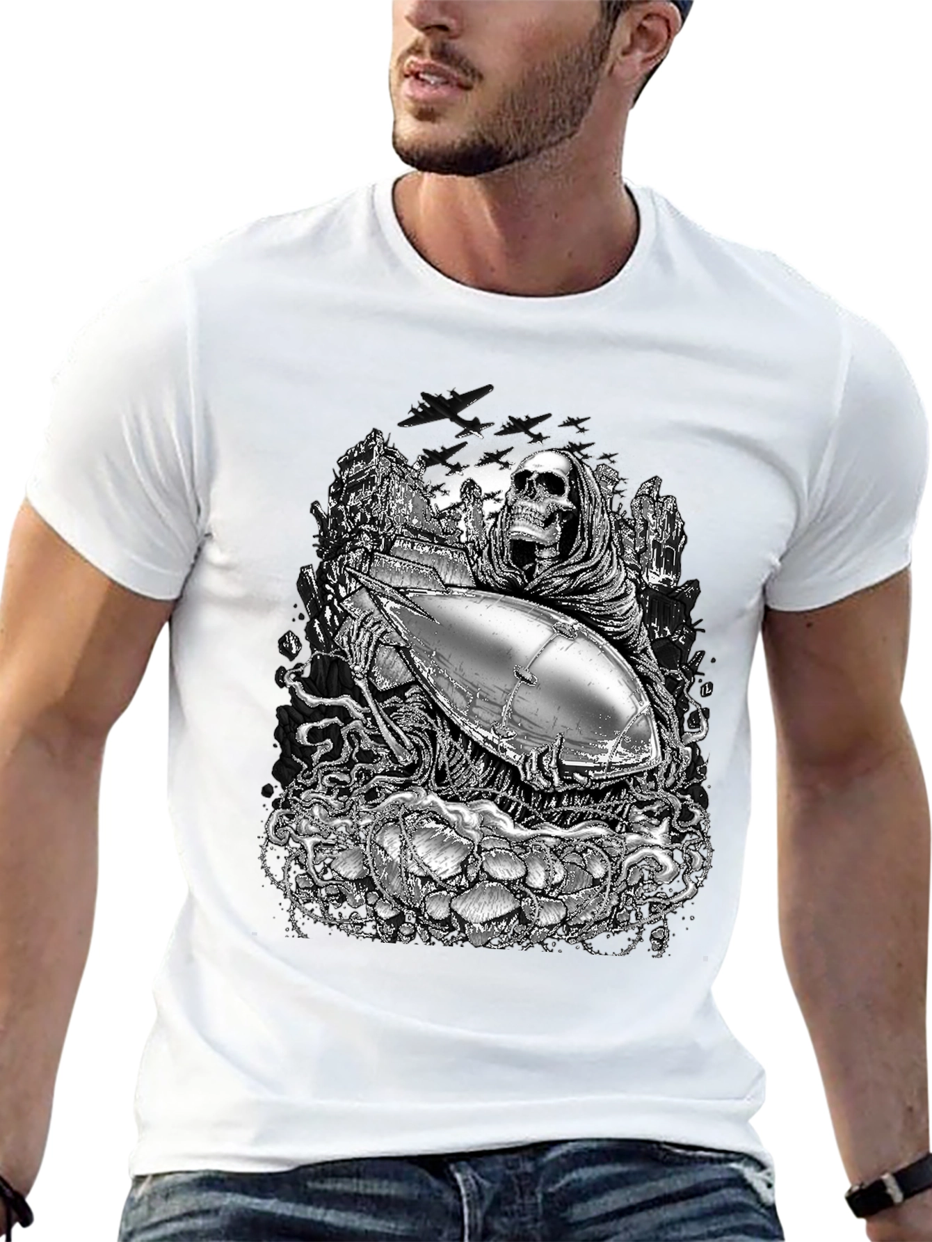 Grim Reaper & Airship Black Graphic T-Shirt