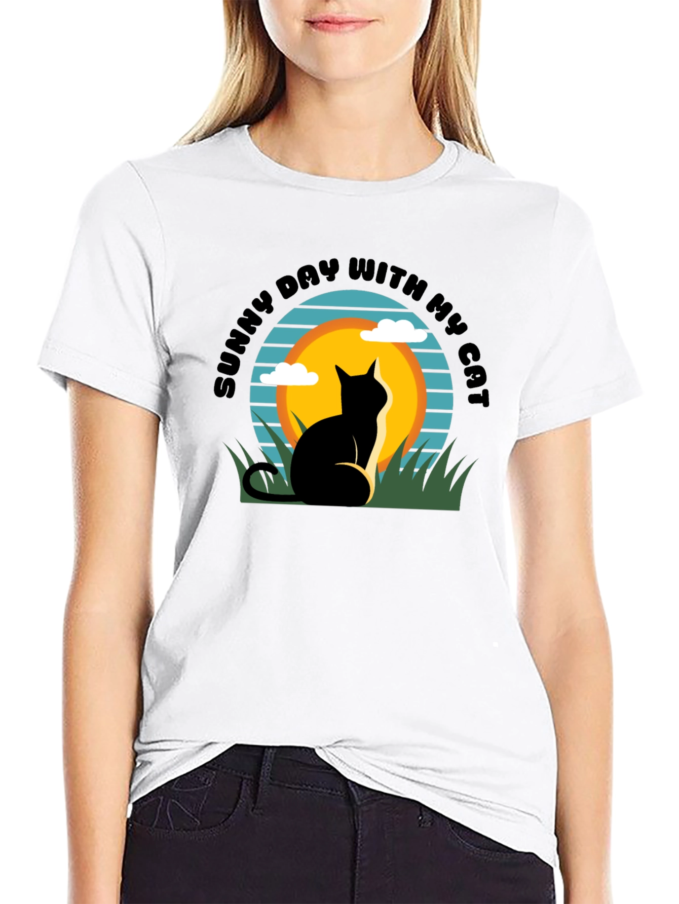 Sunny Day Cat T-Shirt: Relaxed Fit Black