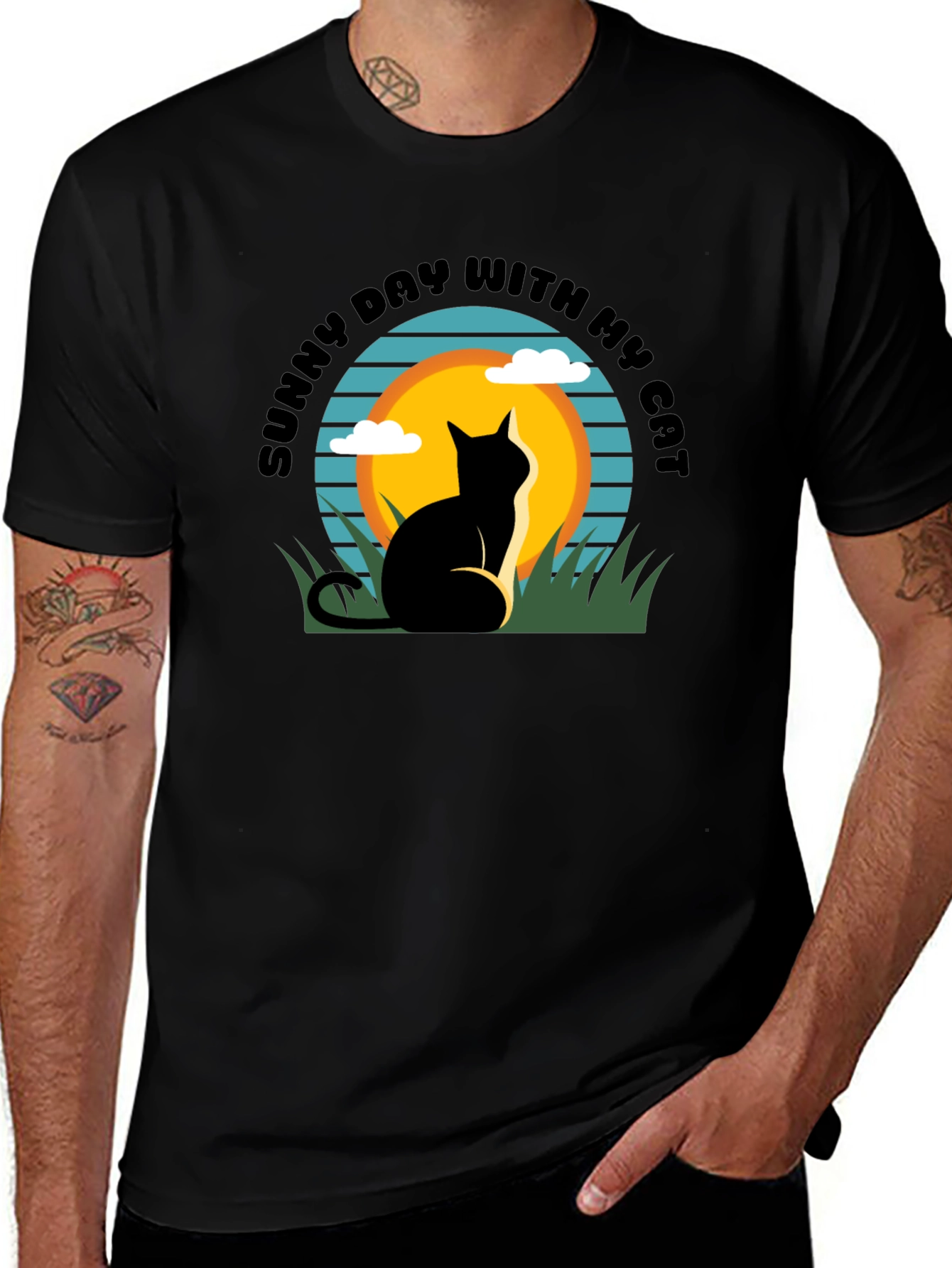 Sunny Day Cat T-Shirt: Relaxed Fit Black