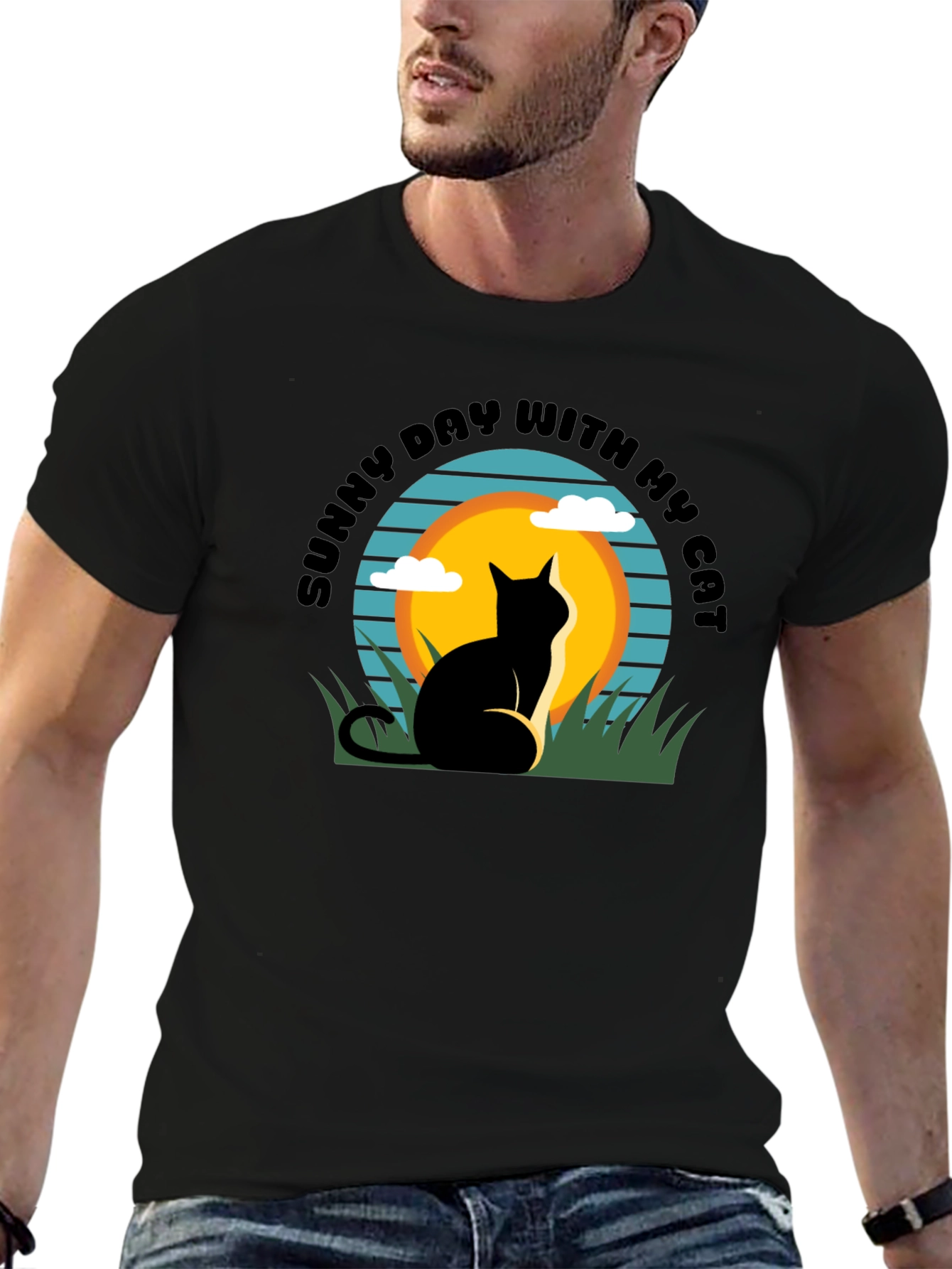 Sunny Day Cat T-Shirt: Relaxed Fit Black