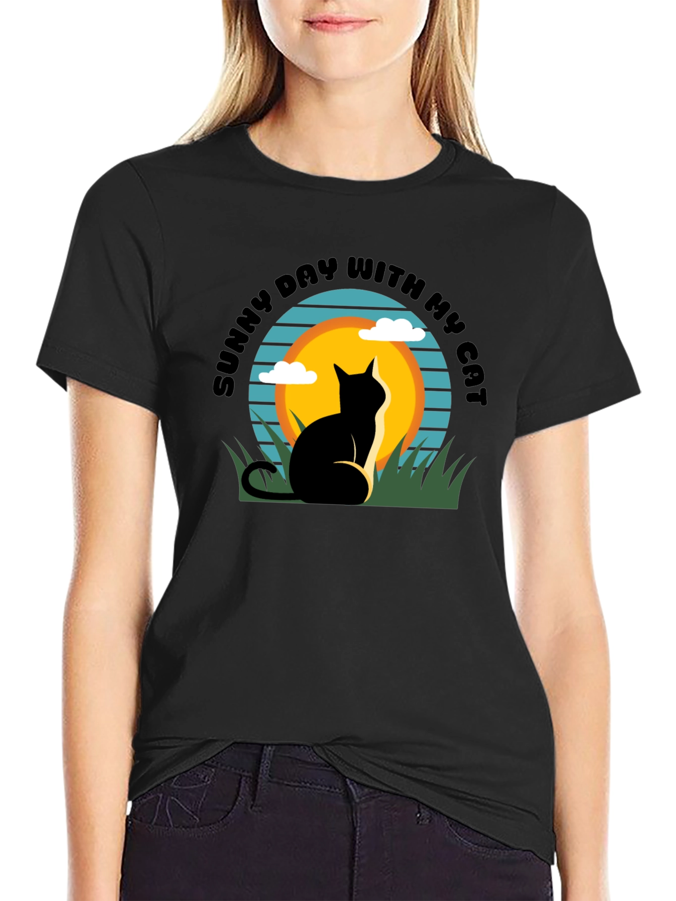 Sunny Day Cat T-Shirt: Relaxed Fit Black