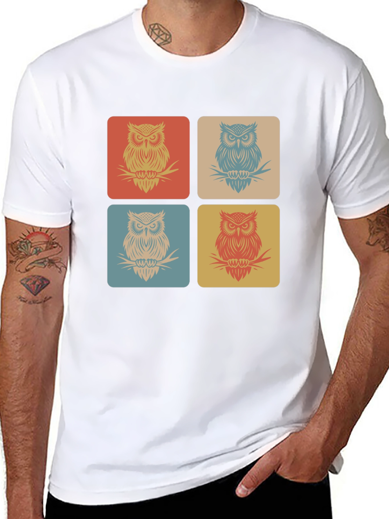 Retro Owl Squares Black T-Shirt