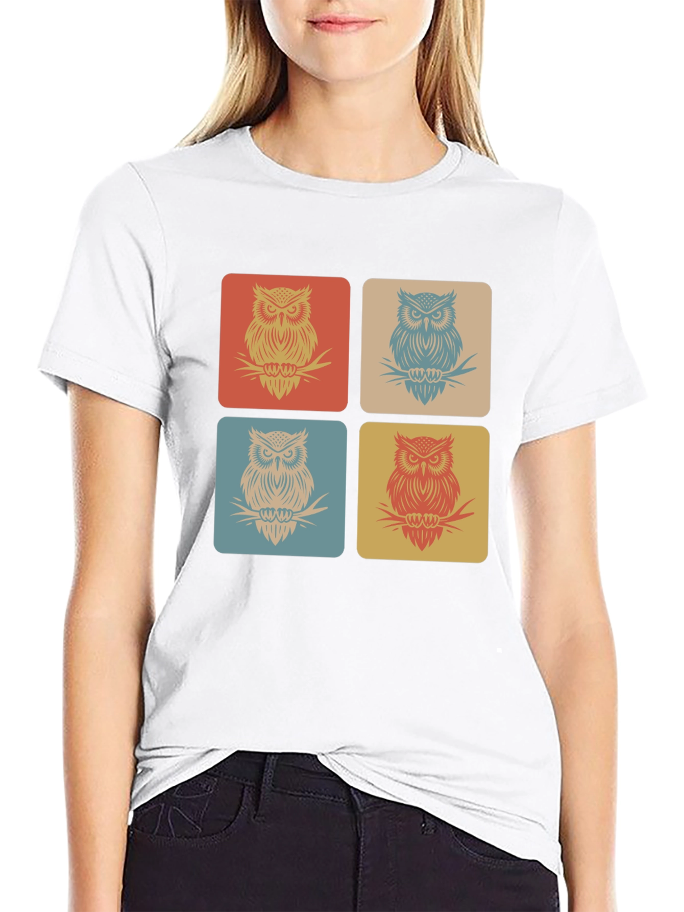 Retro Owl Squares Black T-Shirt