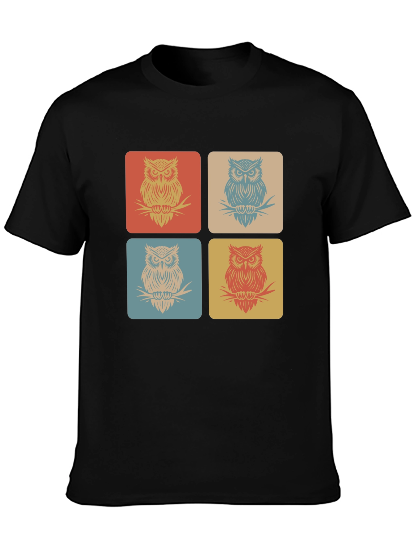 Retro Owl Squares Black T-Shirt