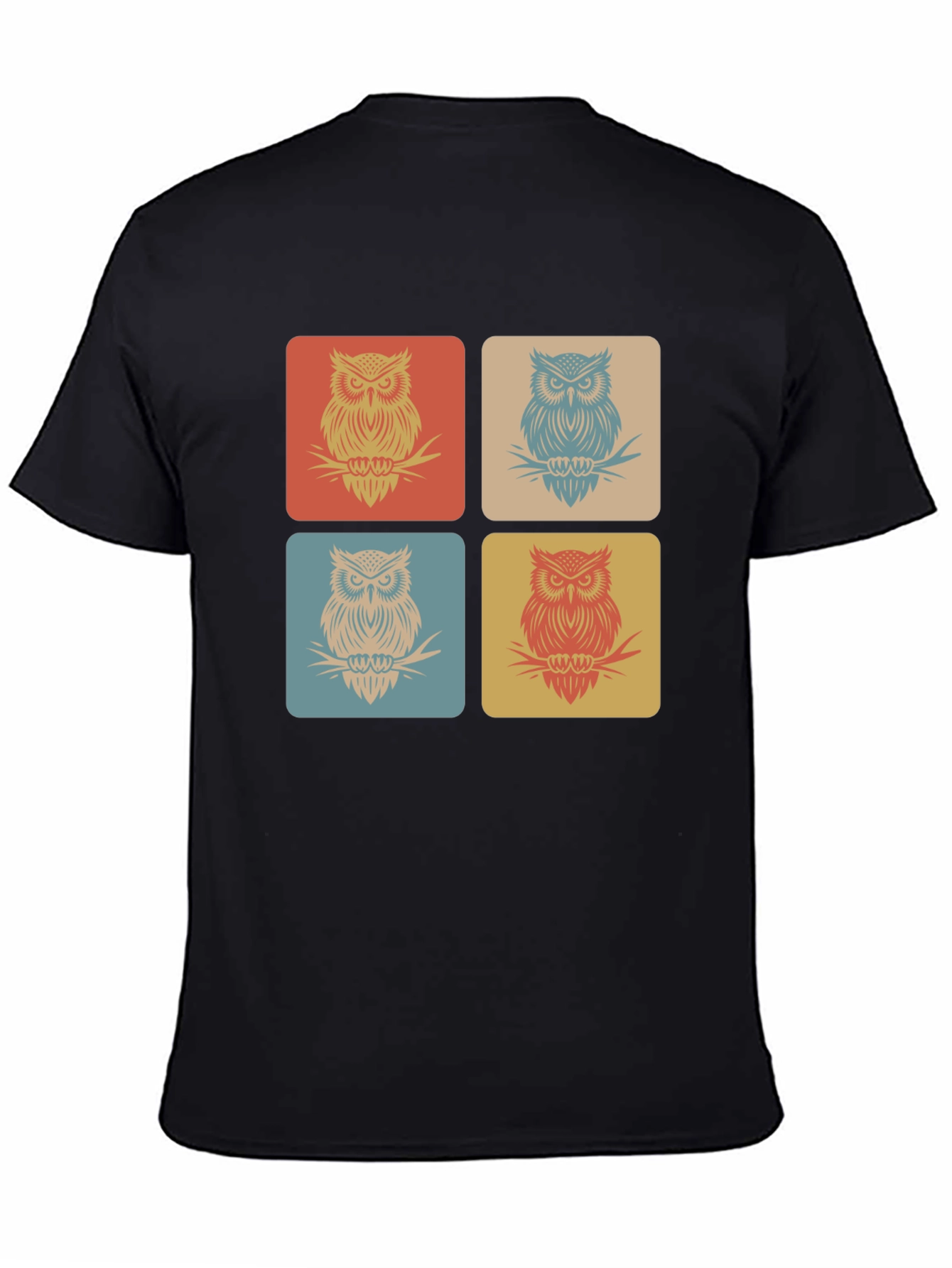 Retro Owl Squares Black T-Shirt