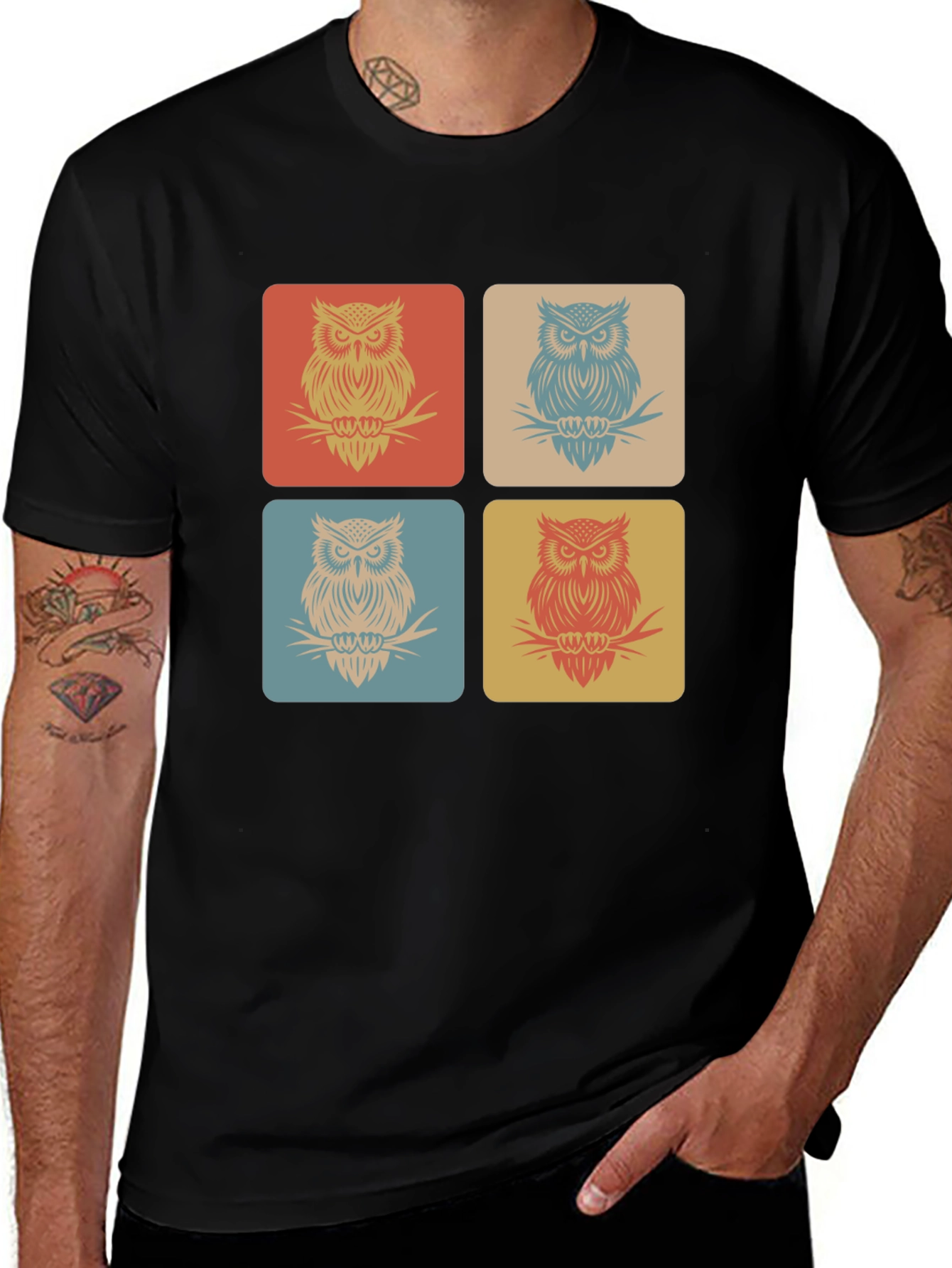 Retro Owl Squares Black T-Shirt