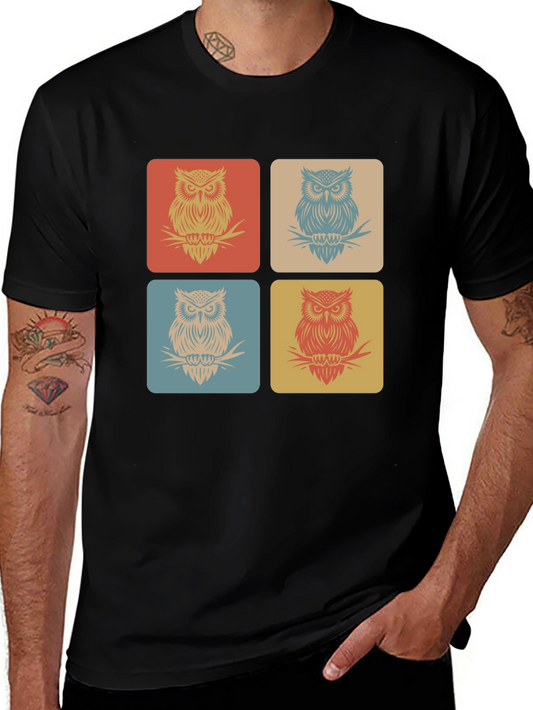 Retro Owl Squares Black T-Shirt