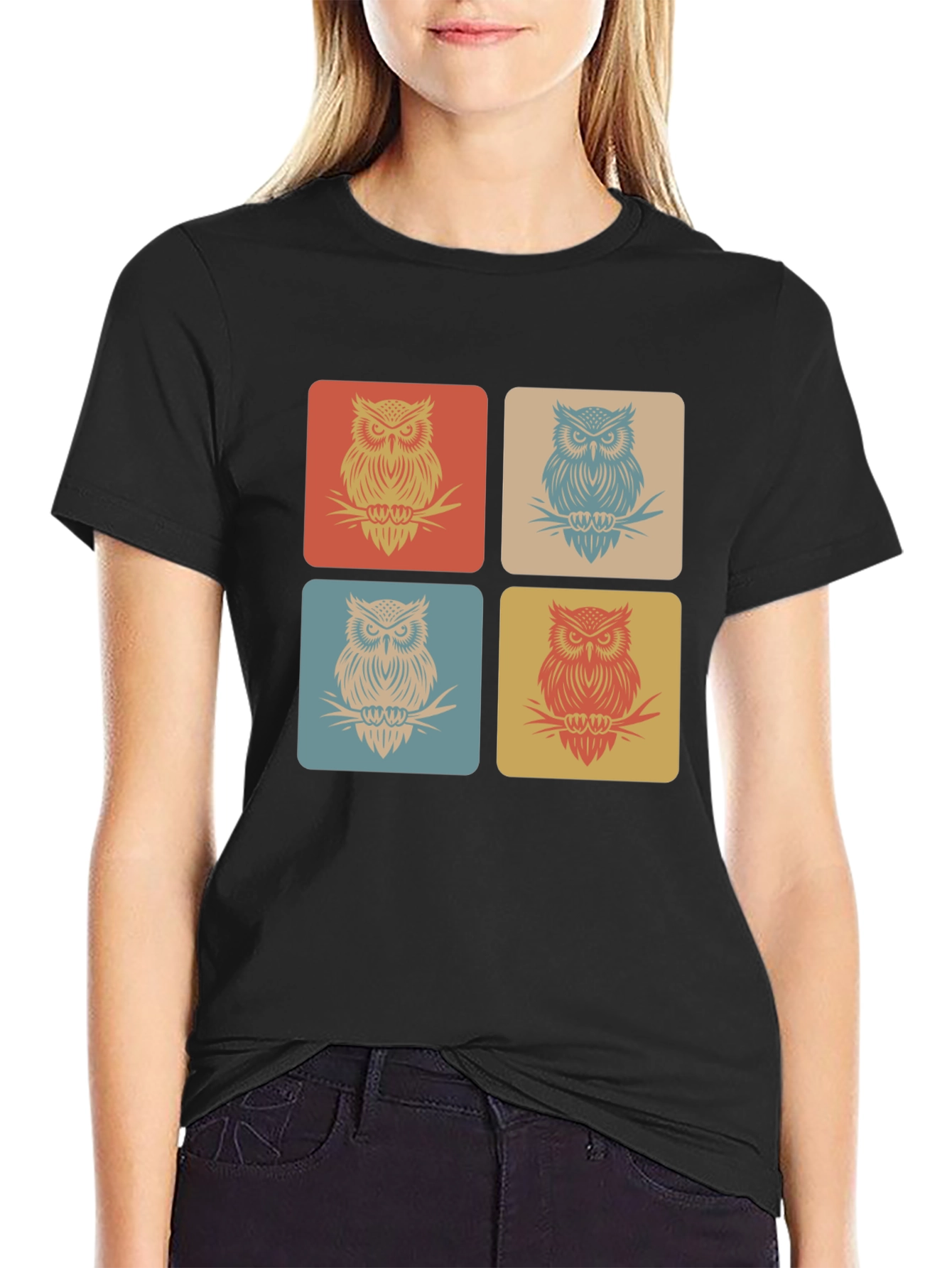Retro Owl Squares Black T-Shirt
