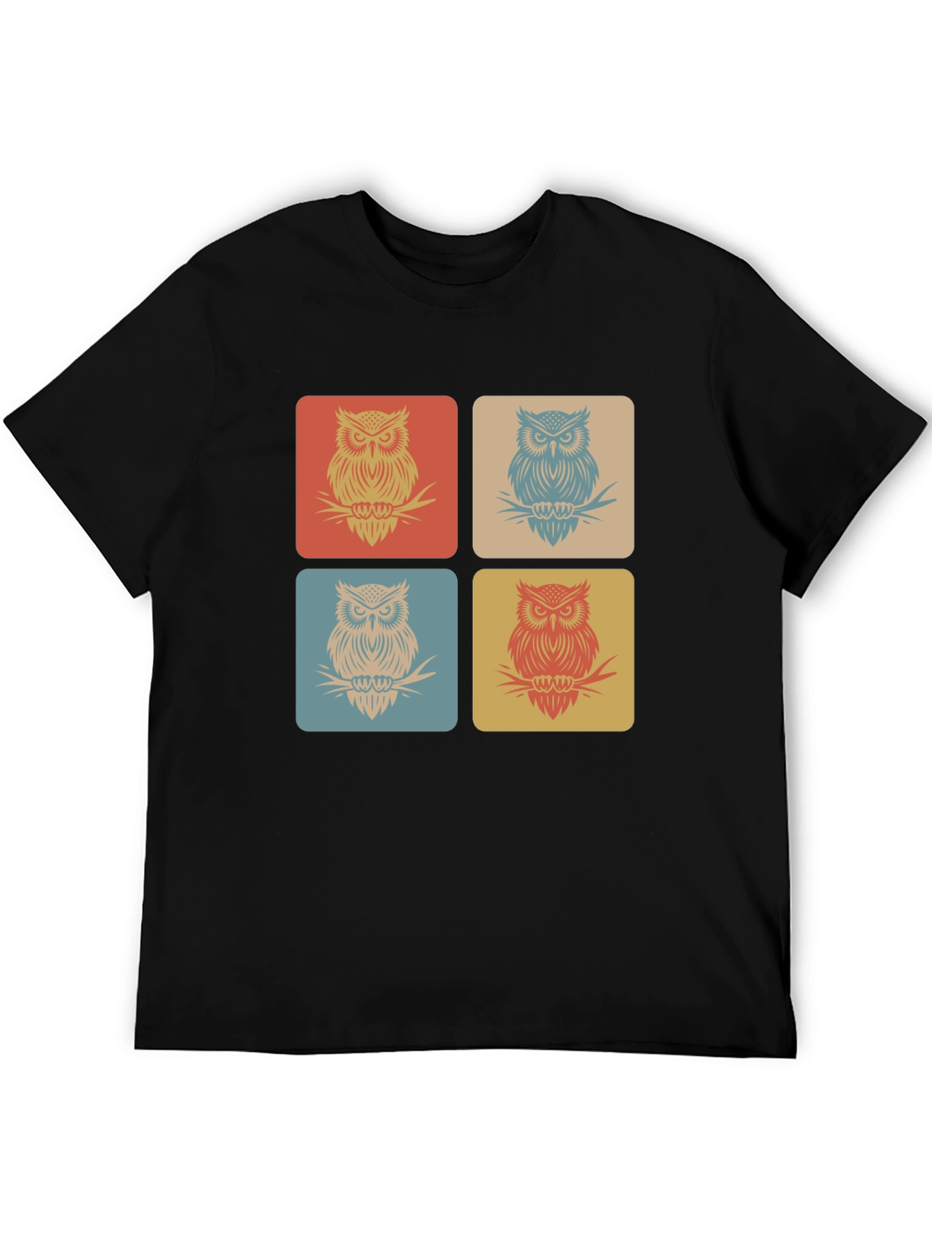 Retro Owl Squares Black T-Shirt