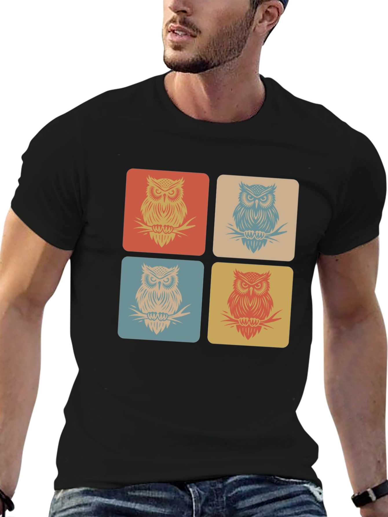 Retro Owl Squares Black T-Shirt