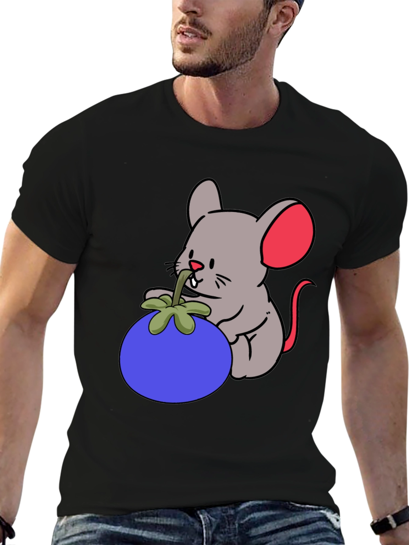 Cartoon Mouse & Berry Graphic Black T-Shirt
